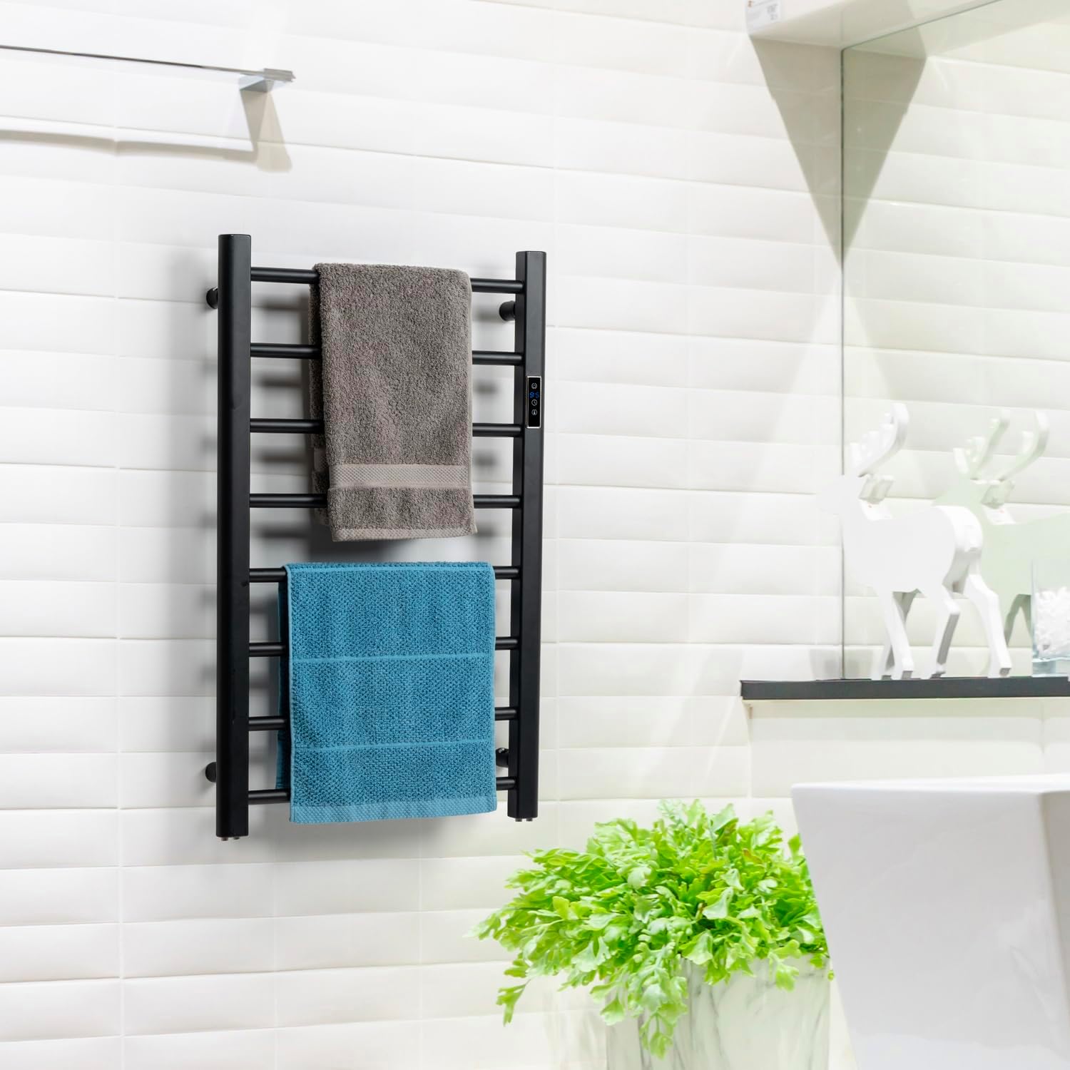 MyGift Hotel Series Matte Black Towel Warmer Rack with LED Control