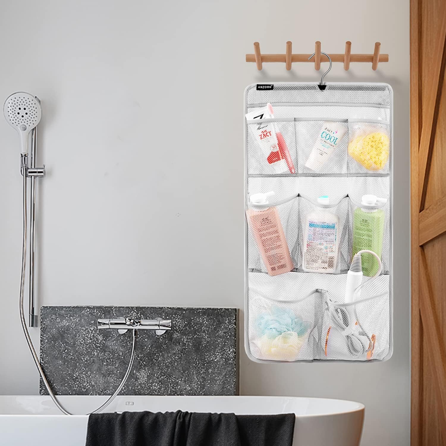 ANZORG Mesh Shower Caddy with 8 Pockets and Rotating Hanger