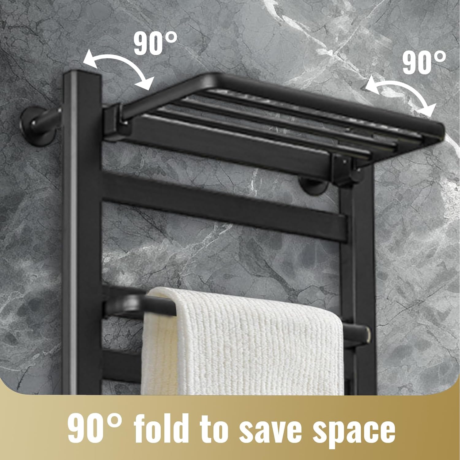 Heated Towel Rack with Shelf and Timer 10 Bars Black