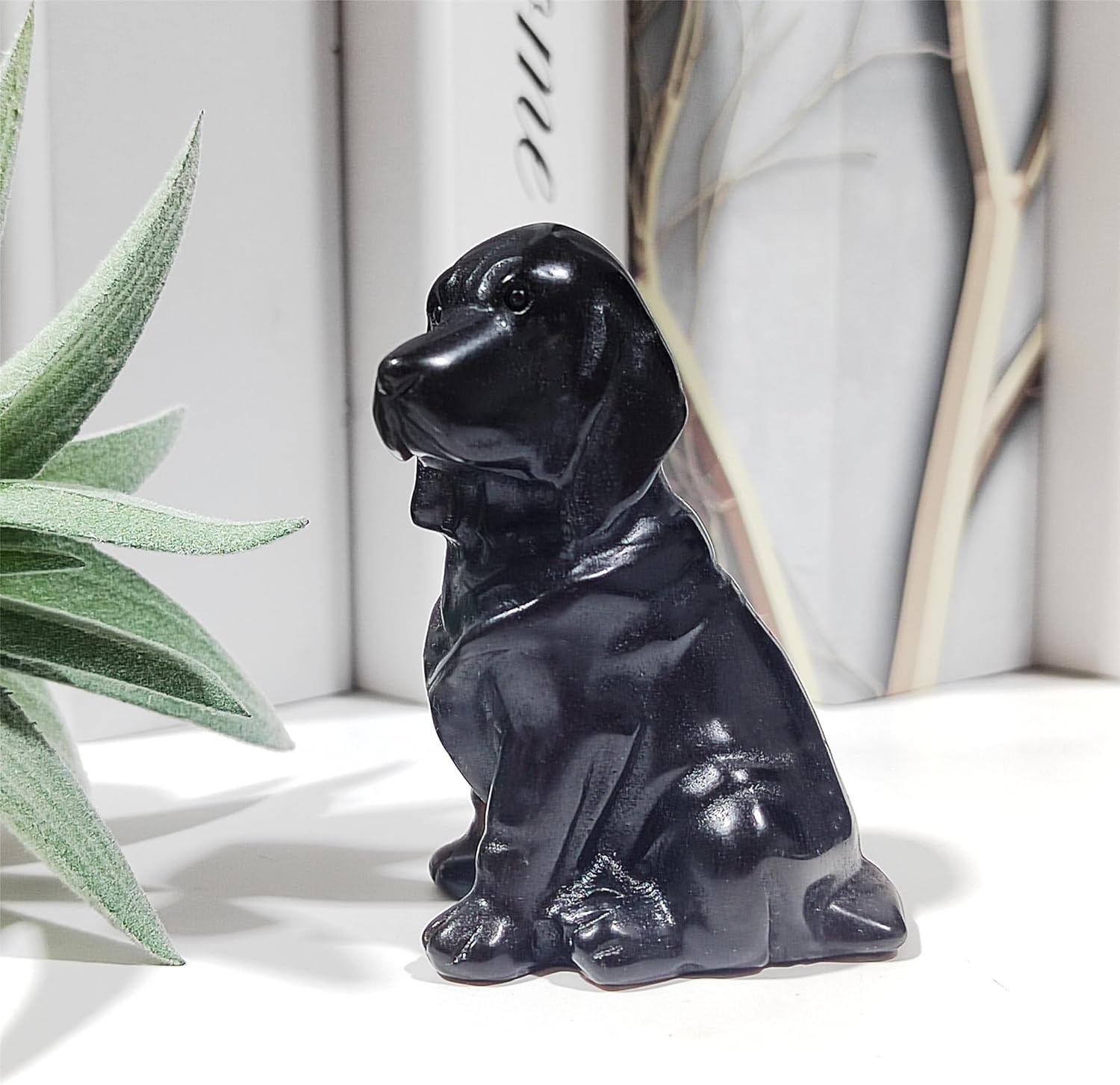 Obsidian Black Dog Skull Figurine Sculpture Decor