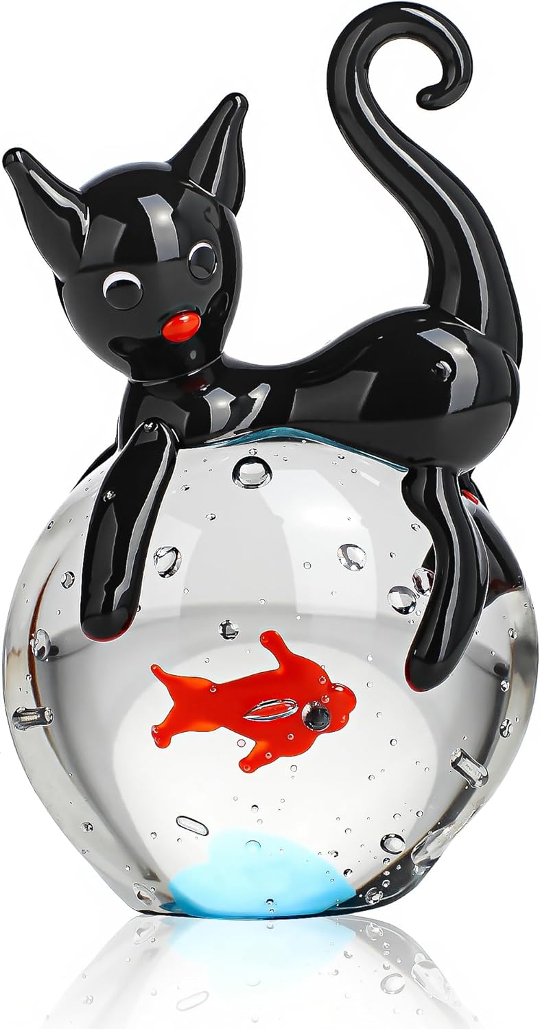 QFkris Hand Blown Glass Black Cat Figurine