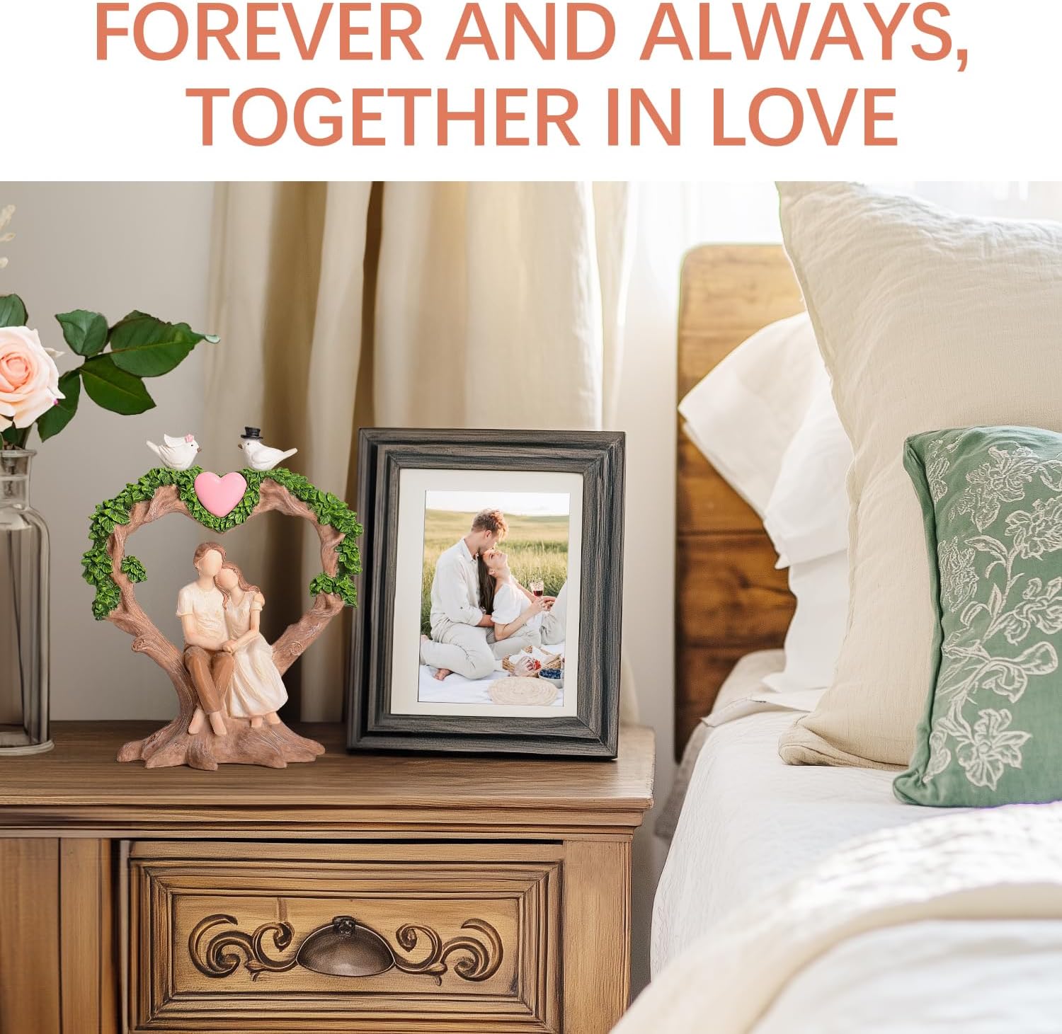 Romantic Couple Anniversary Figurine - Heart-Shaped Tree with Doves Resin Statue