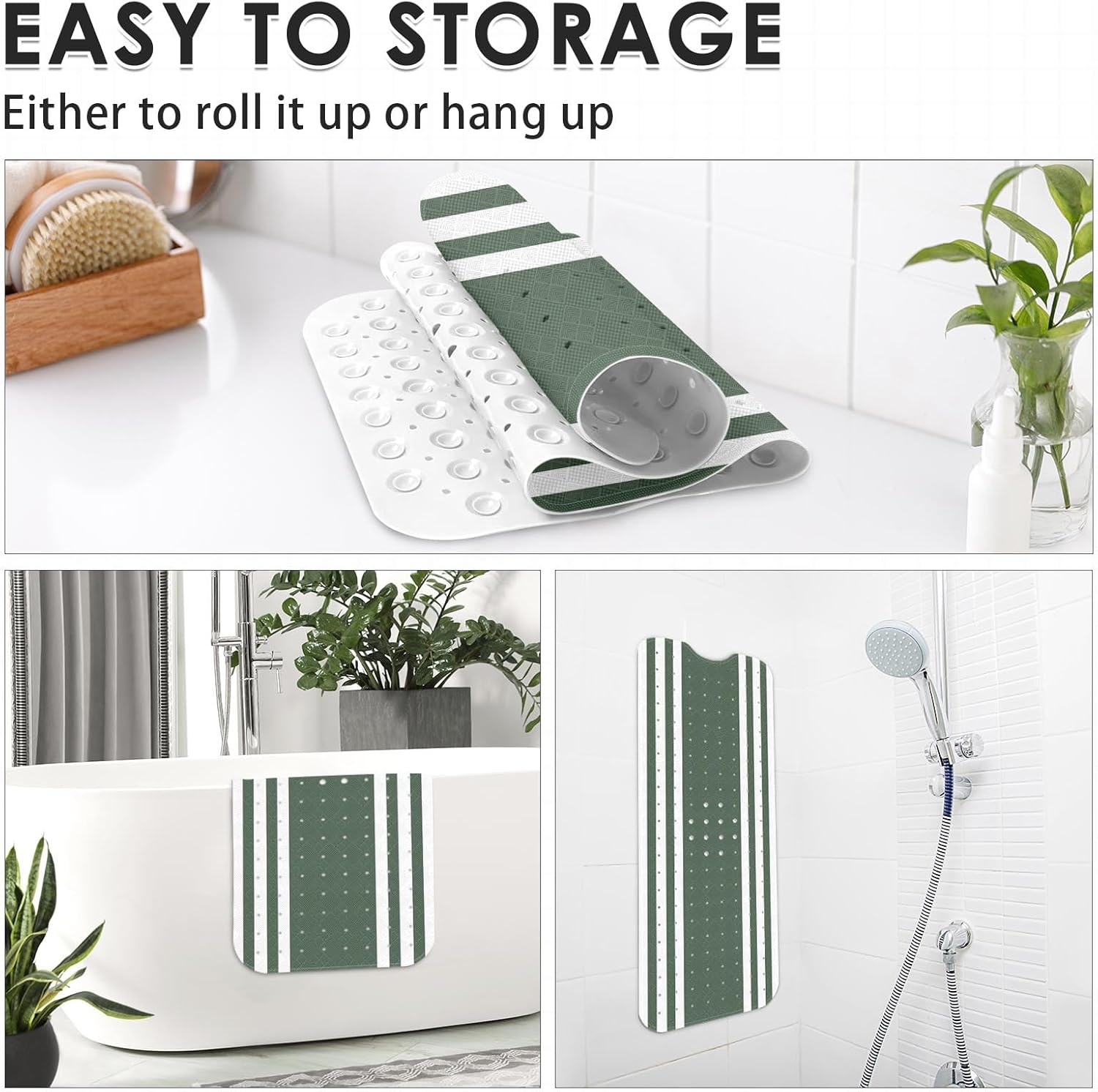 Green White Modern Stripe Pattern Bathtub Mat 40X16 Inch Non-Slip