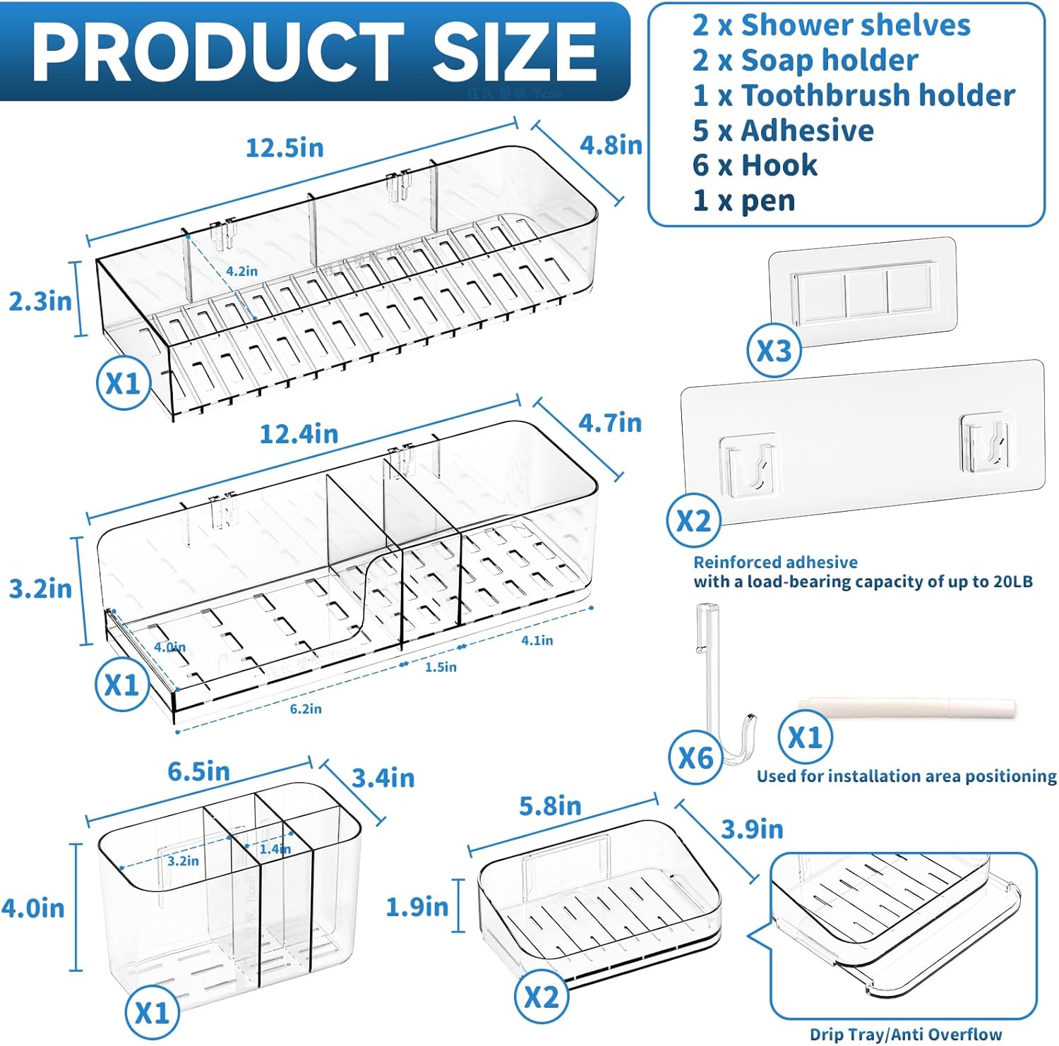 SuoXing 5-Pack Adhesive Shower Caddy with 6 Hooks
