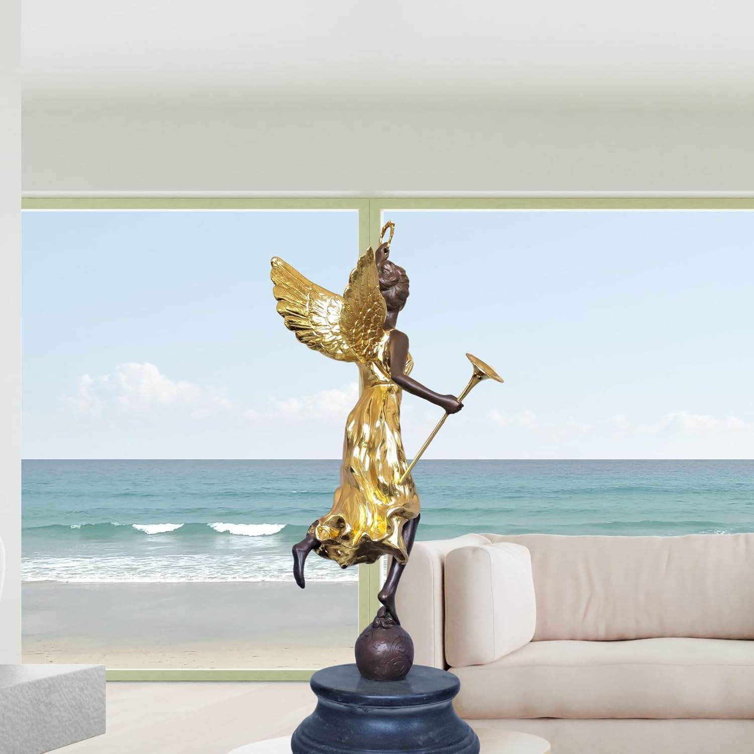 Large Gilded Bronze Angel with Trumpet and Laurel Wreath Sculpture