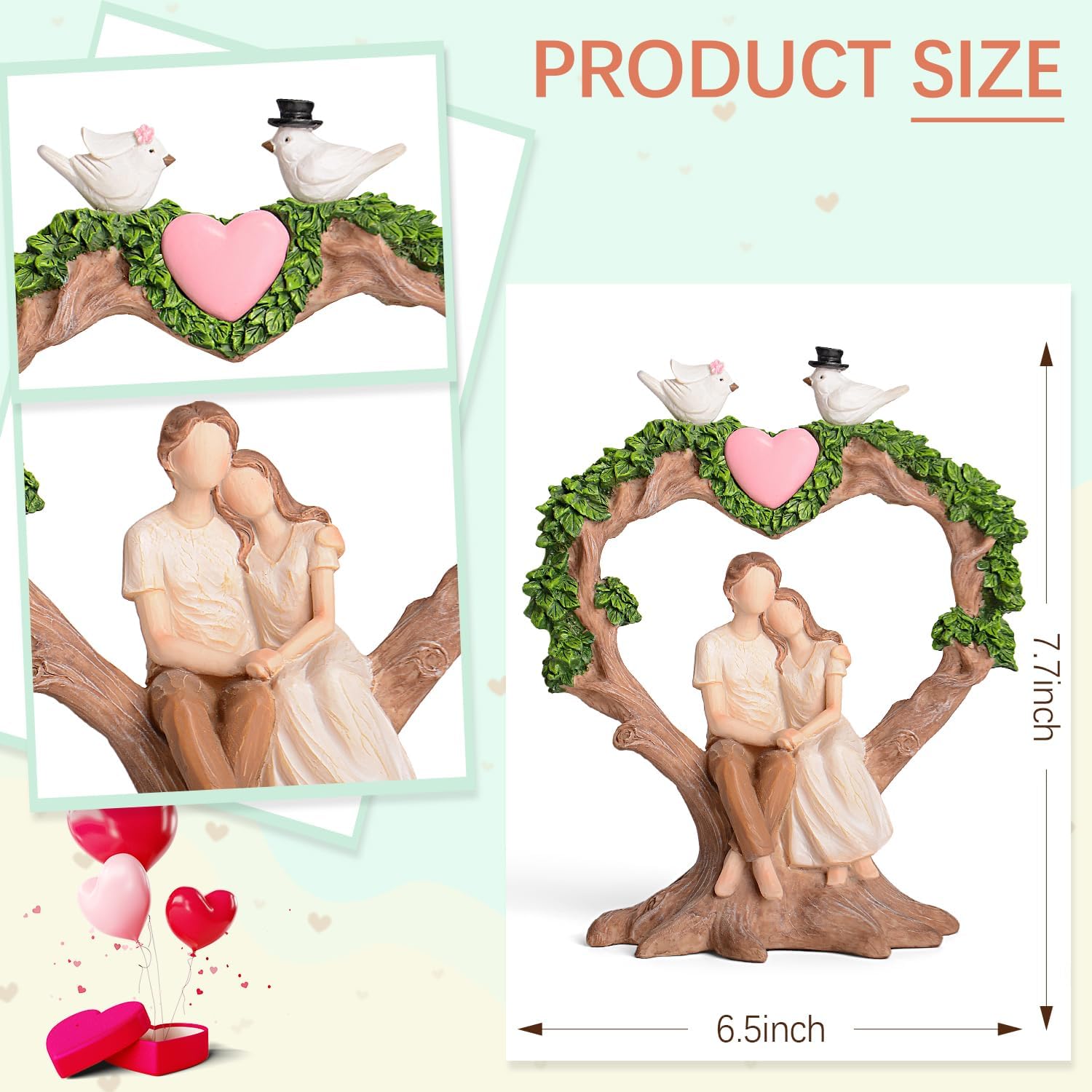 Romantic Couple Anniversary Figurine - Heart-Shaped Tree with Doves Resin Statue
