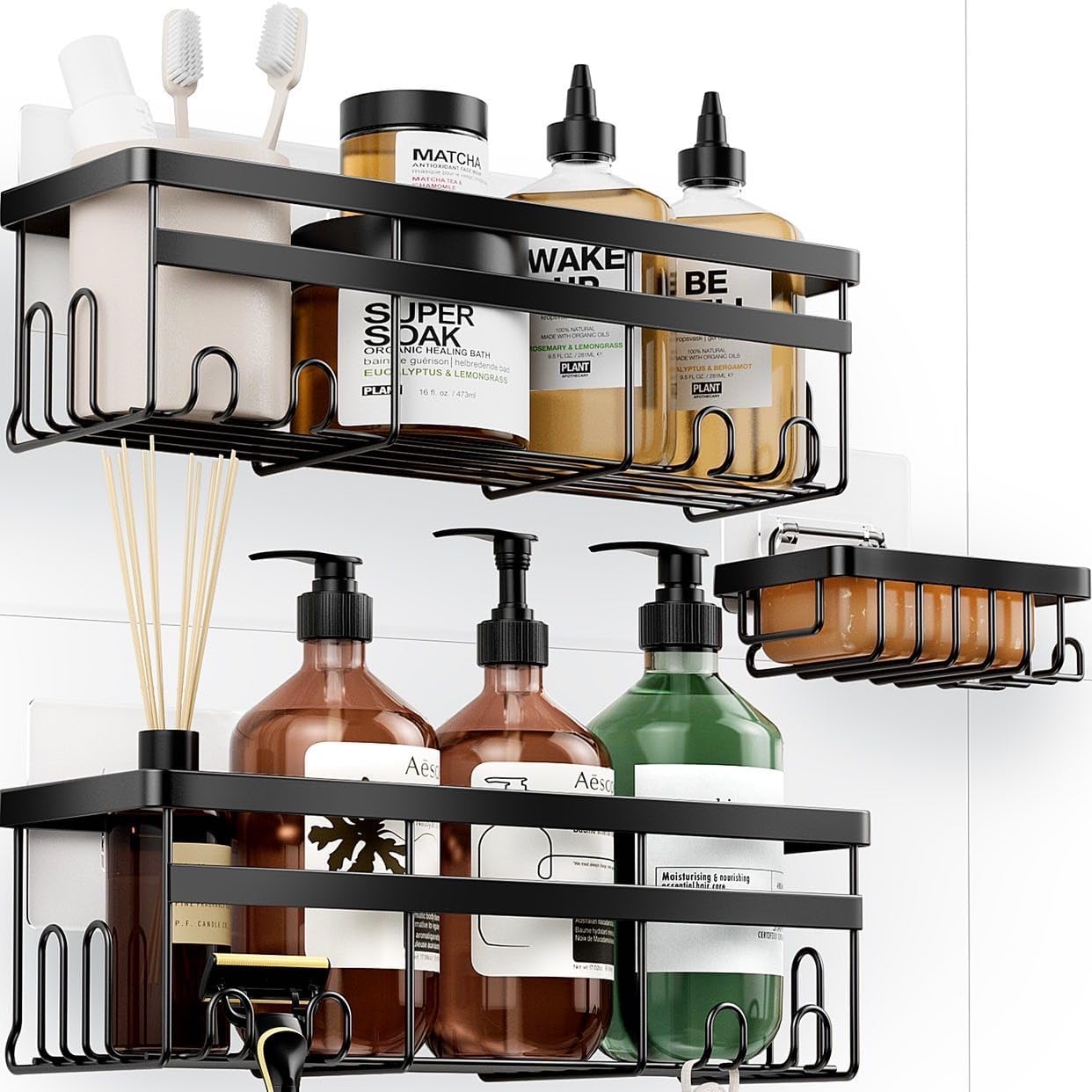 HomeHacks 3-Pack Shower Caddy with Hooks and Soap Holder