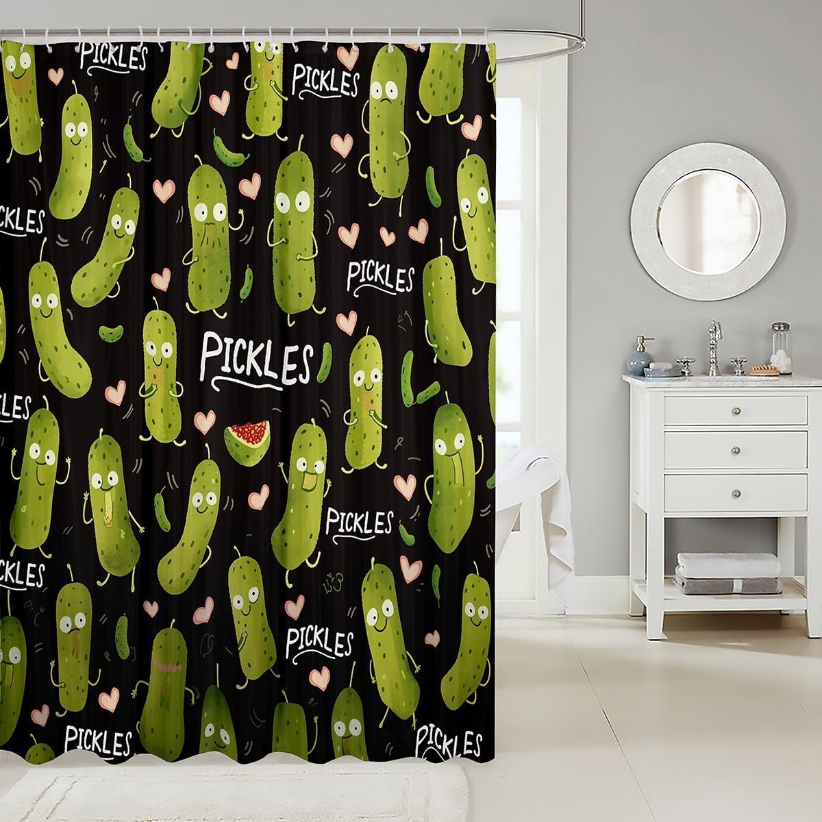 Pickle Pattern Shower Curtain Set Kawaii Cucumber Design 72x78