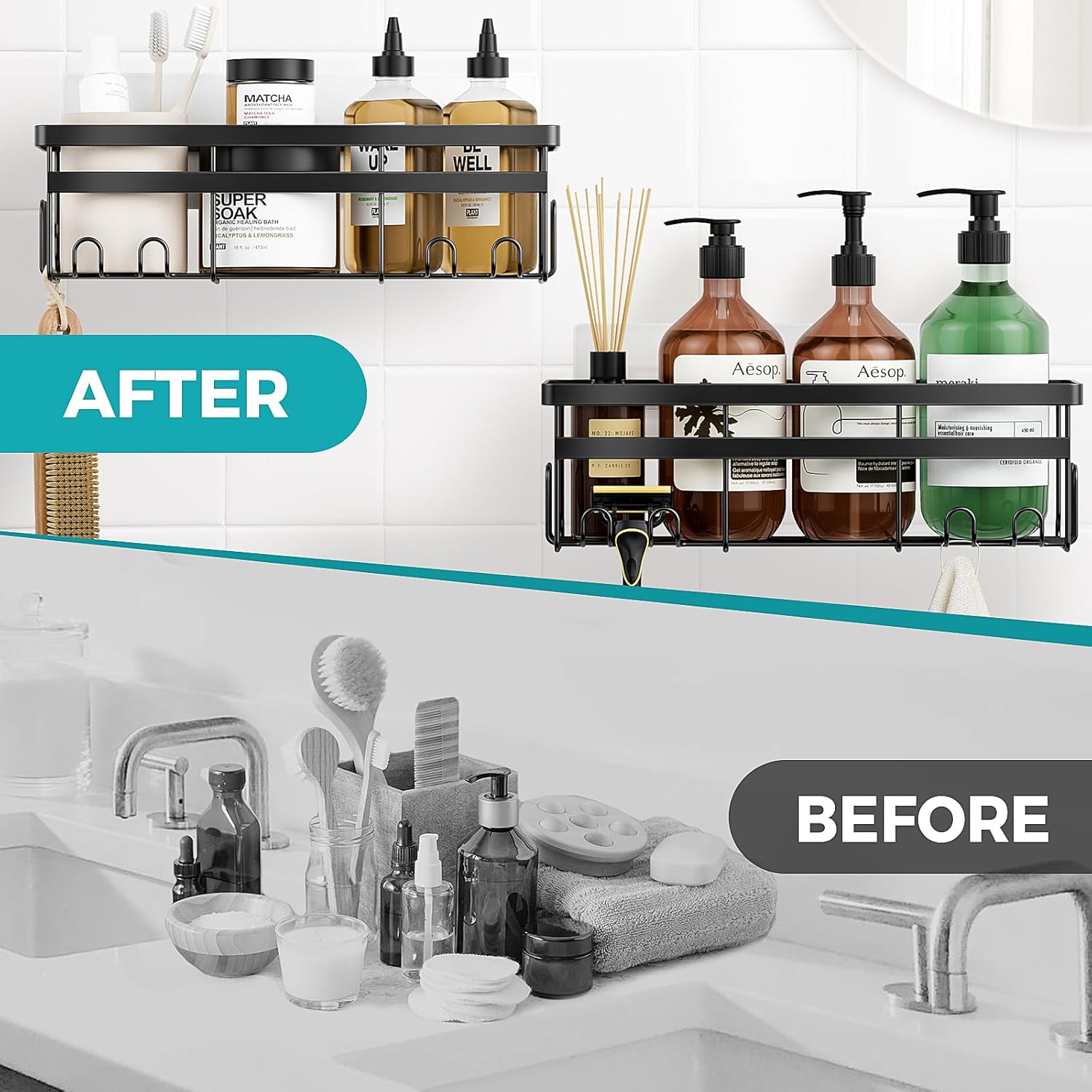 HomeHacks 3-Pack Shower Caddy with Hooks and Soap Holder