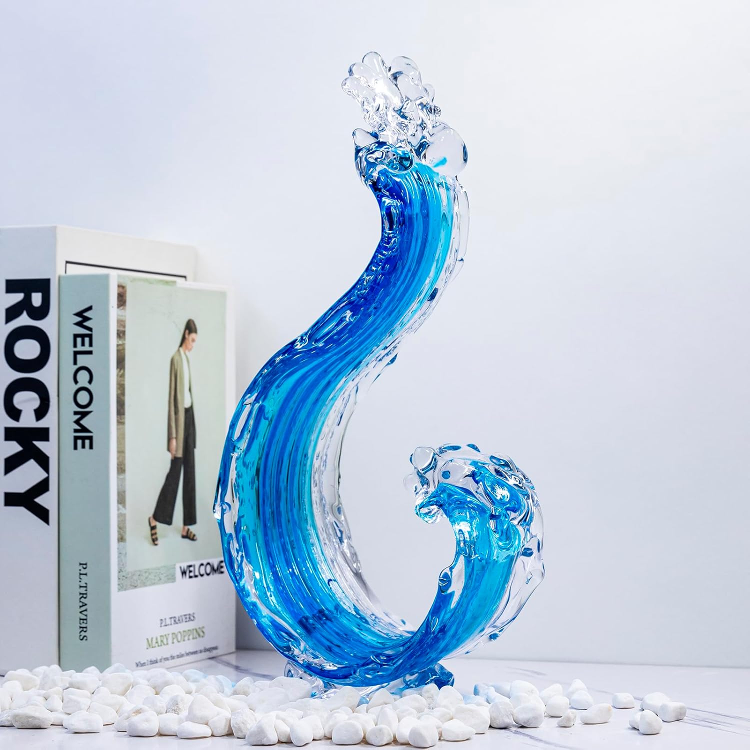 14 Inch Hand Blown Glass Ocean Waves Sculpture with Floating Base