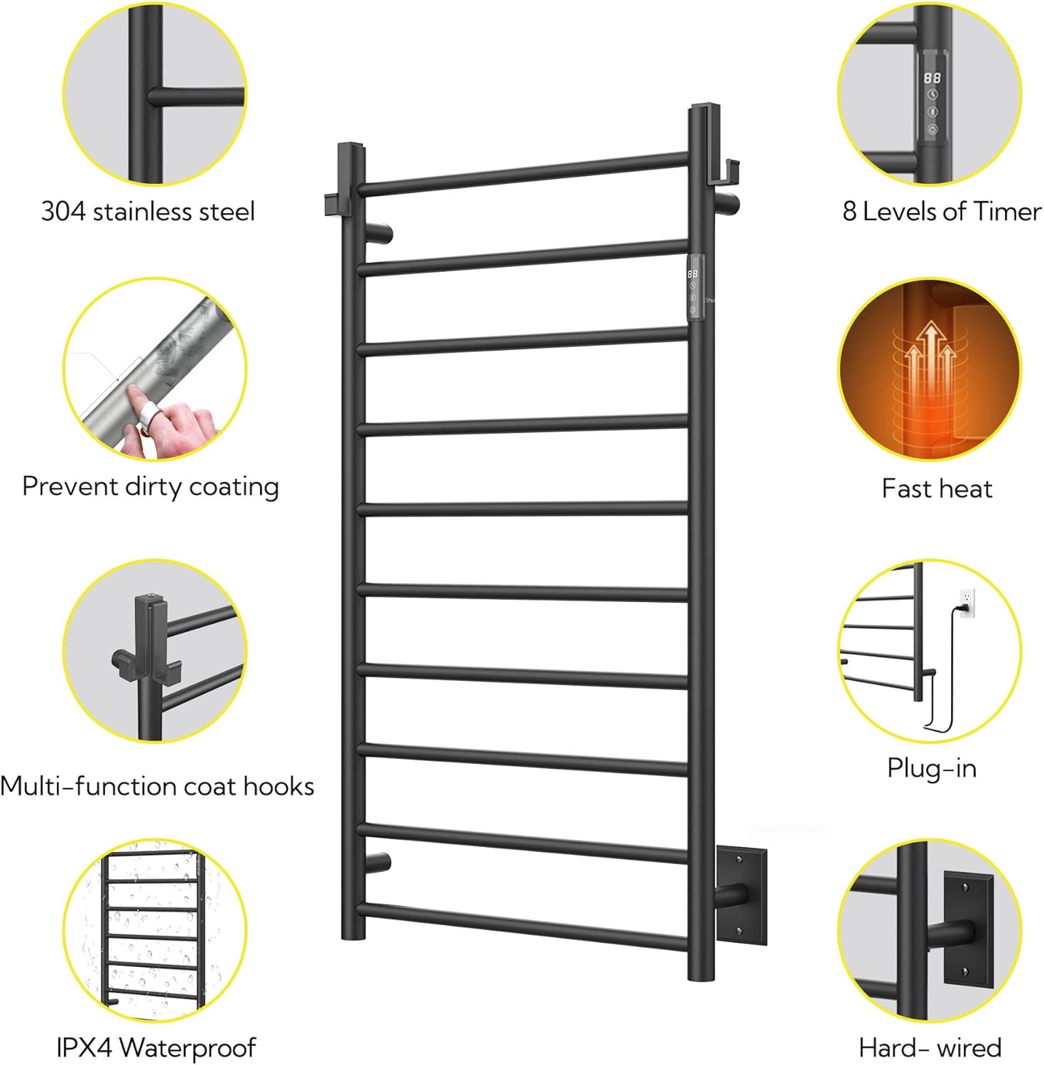 PBhusri 10-Bar Heated Towel Rack with Timer and LED Indicator