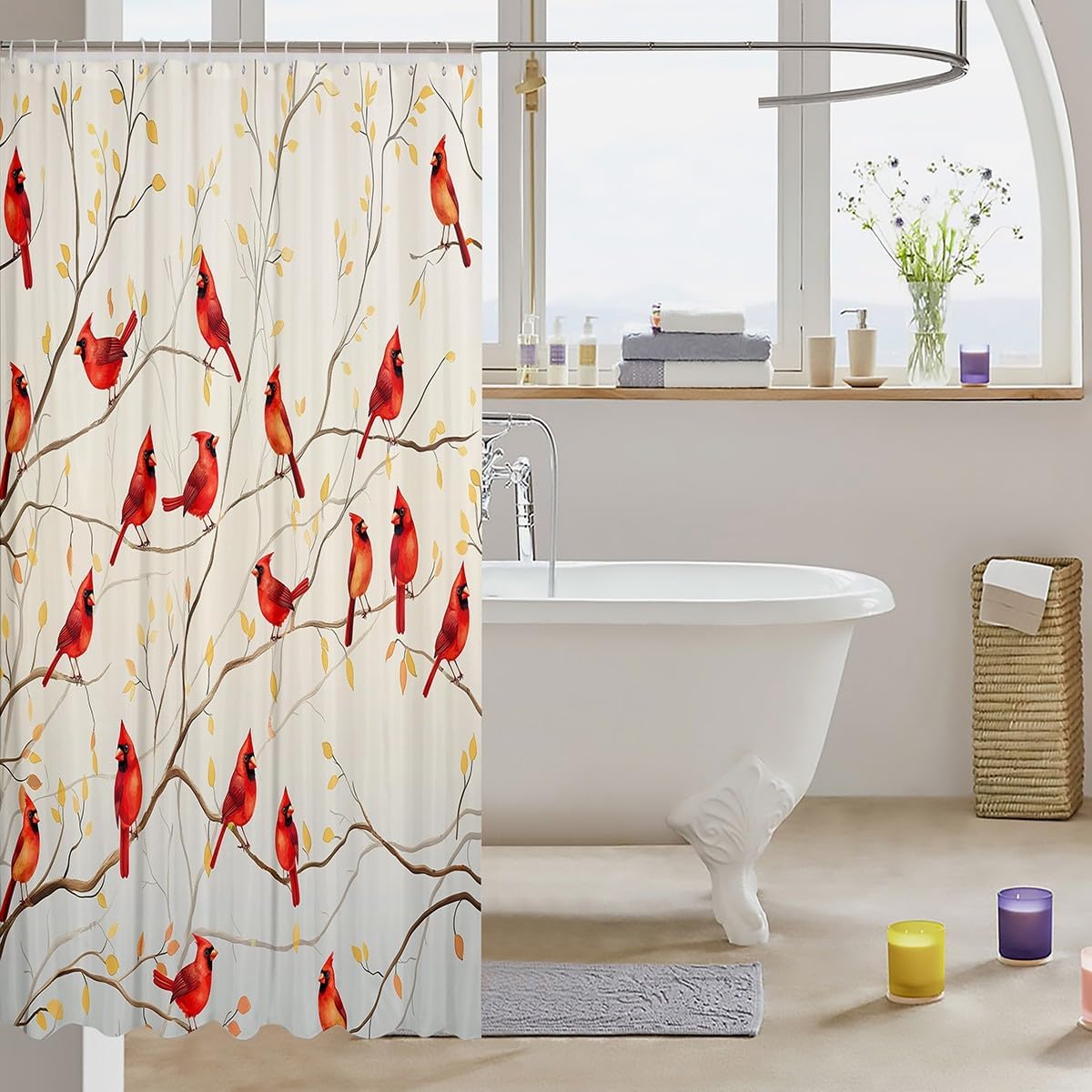 Erosebridal Red Bird Waterproof Shower Curtain Set