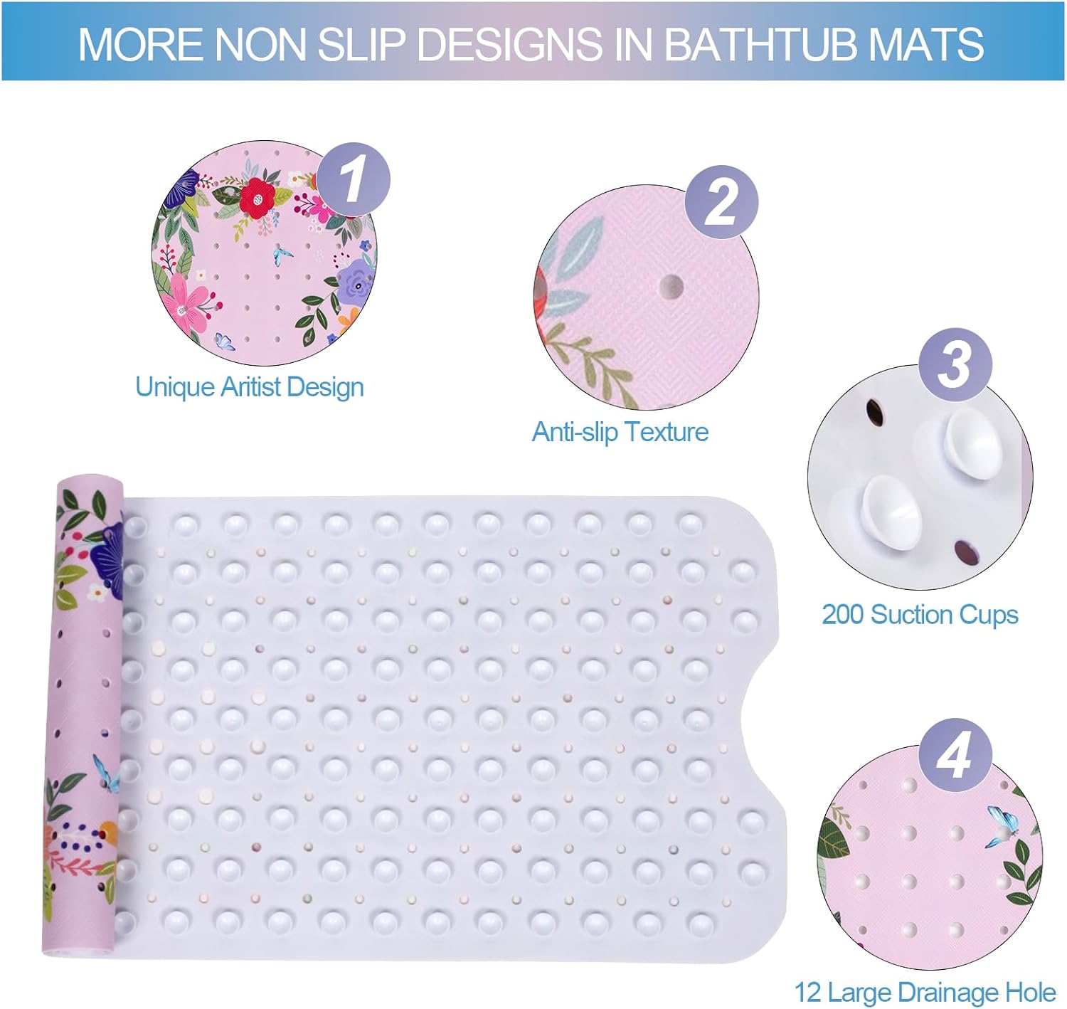 Denifeiya Pink Floral Non Slip Bathtub Mat for Kids