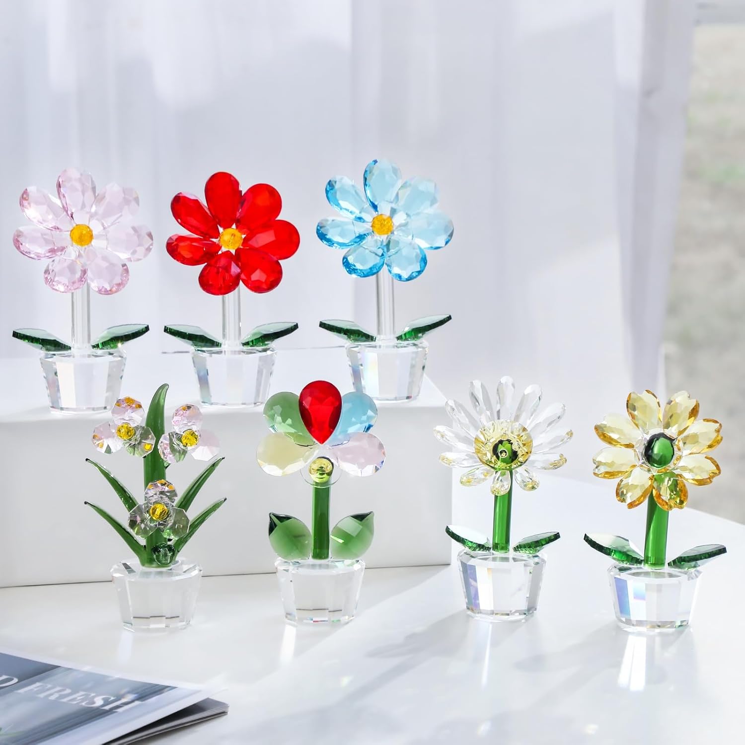 DLXK Crystal Flower Figurine Blue Faceted Glass Desk Decor 1