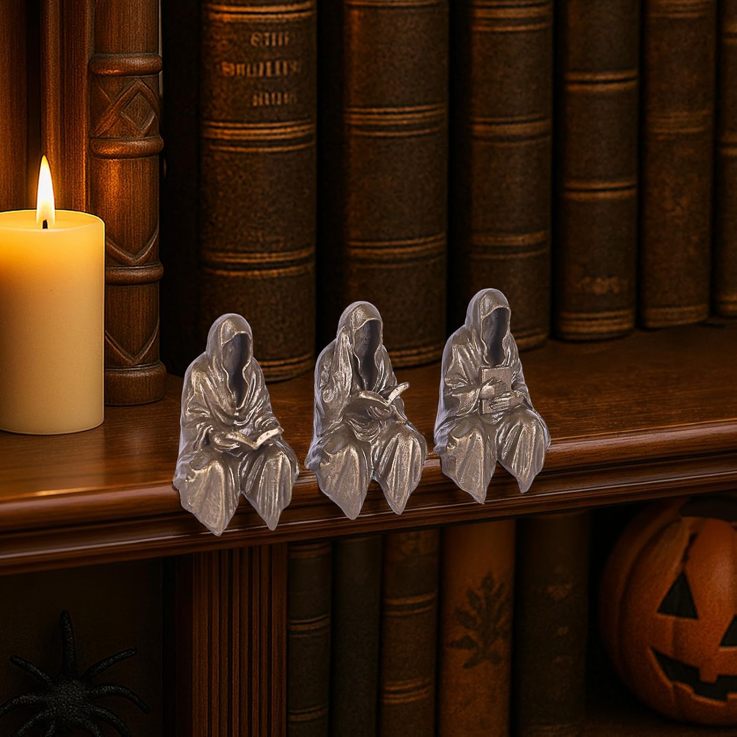 GrivSheen Reading Statue Set of 3 Gothic Fantasy Bookshelf Figurines