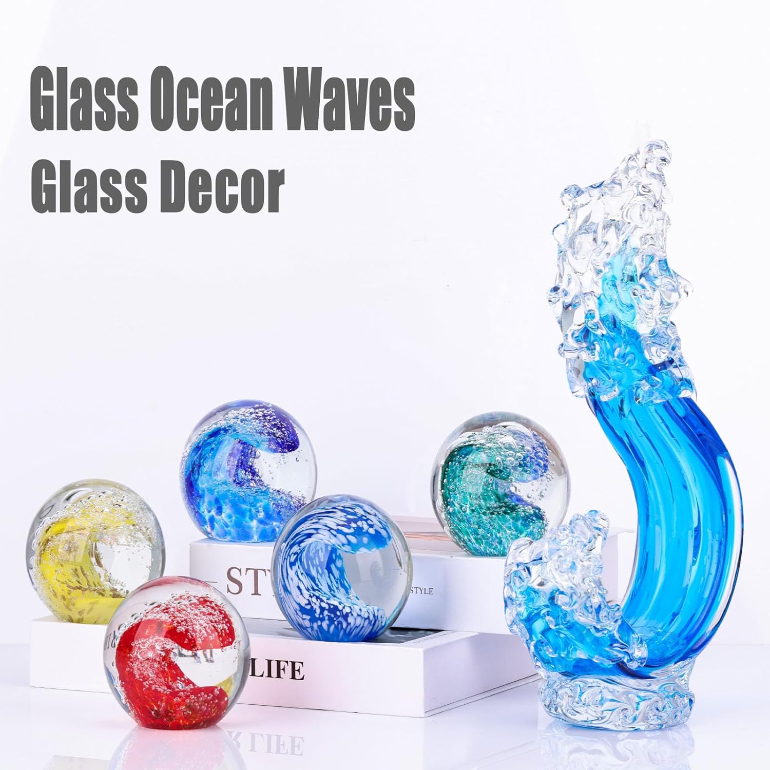 Blue Hand Blown Glass Ocean Wave Statue