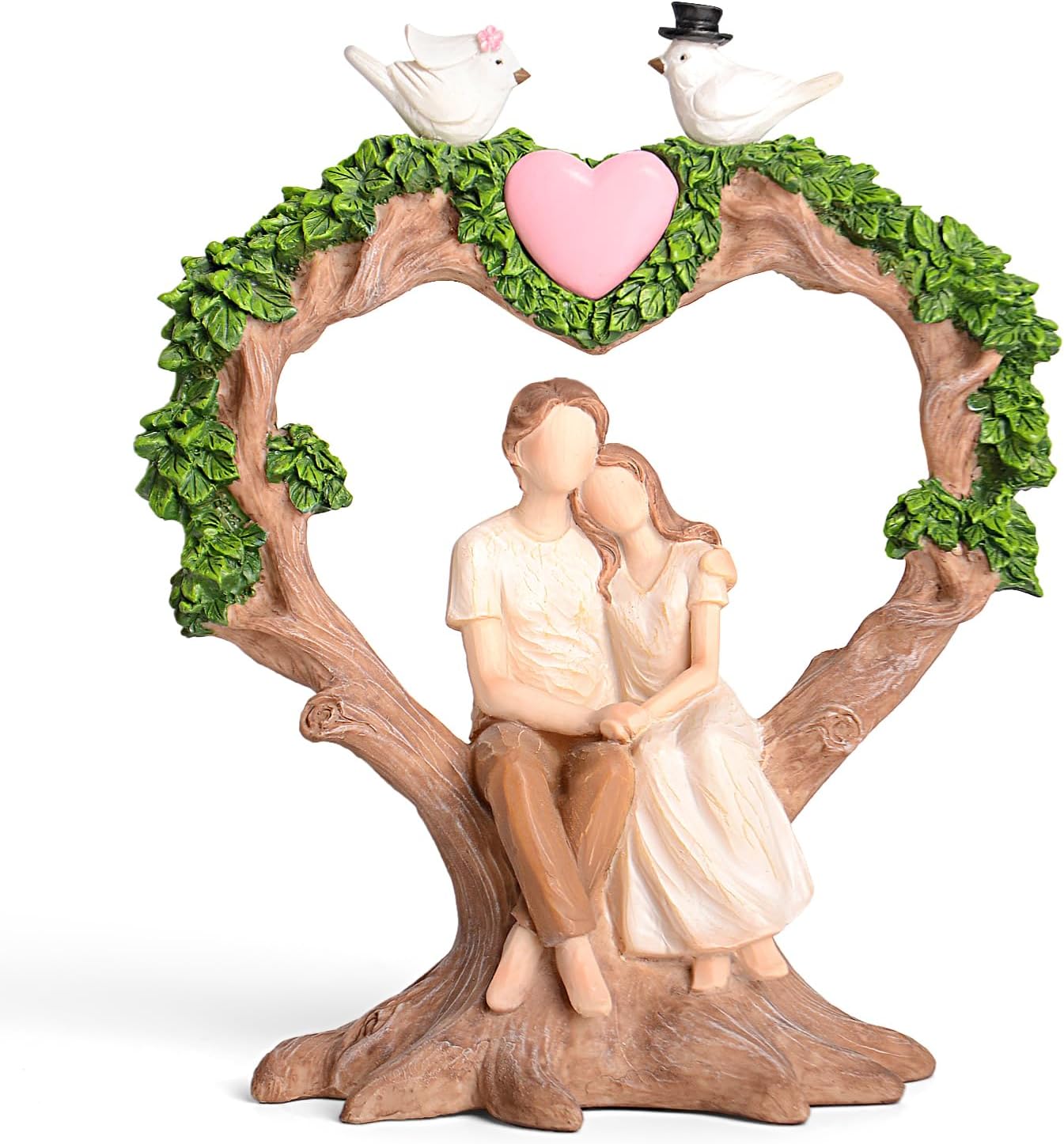 Romantic Couple Anniversary Figurine - Heart-Shaped Tree with Doves Resin Statue