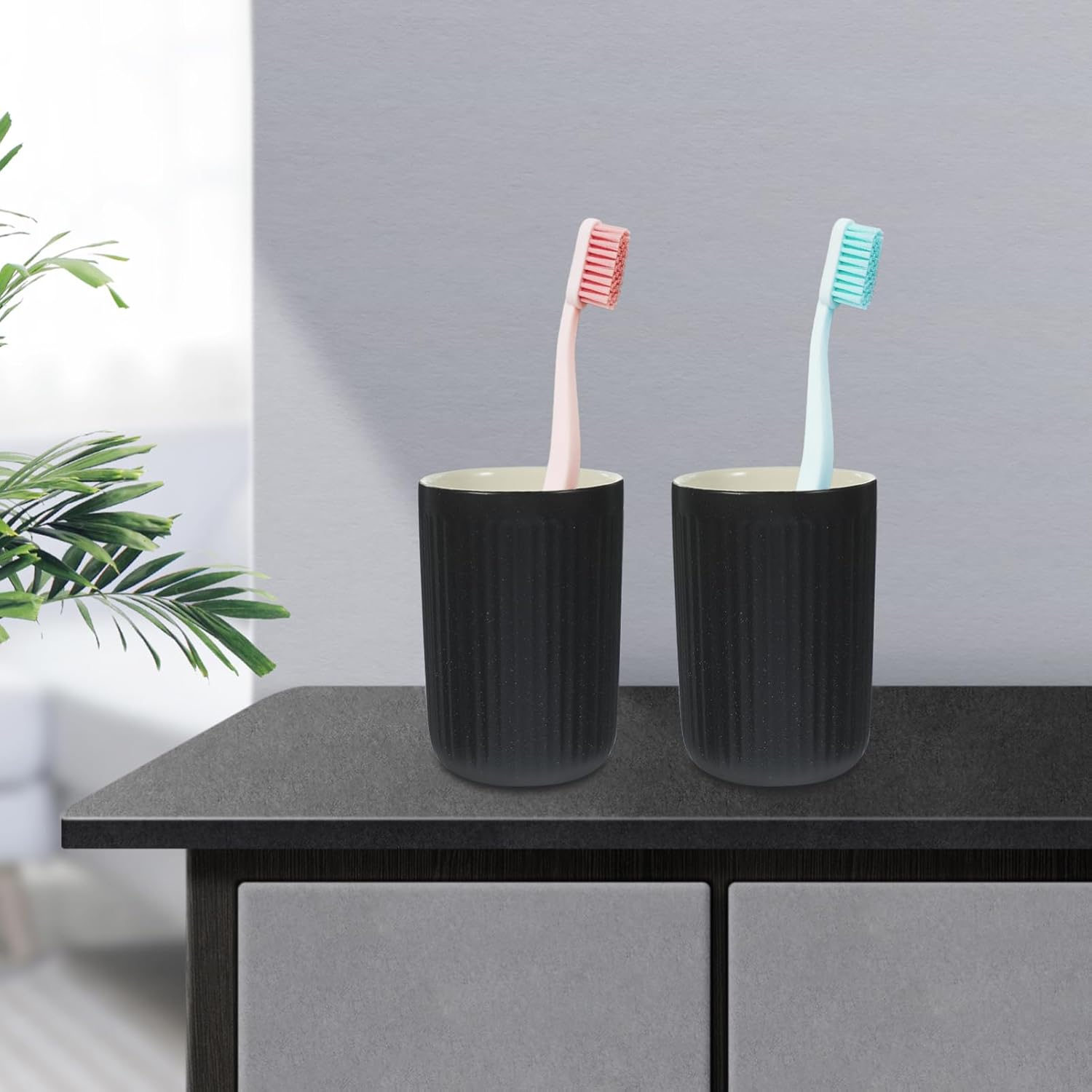 Set of 2 Black Striped Ceramic Toothbrush Holder Cups
