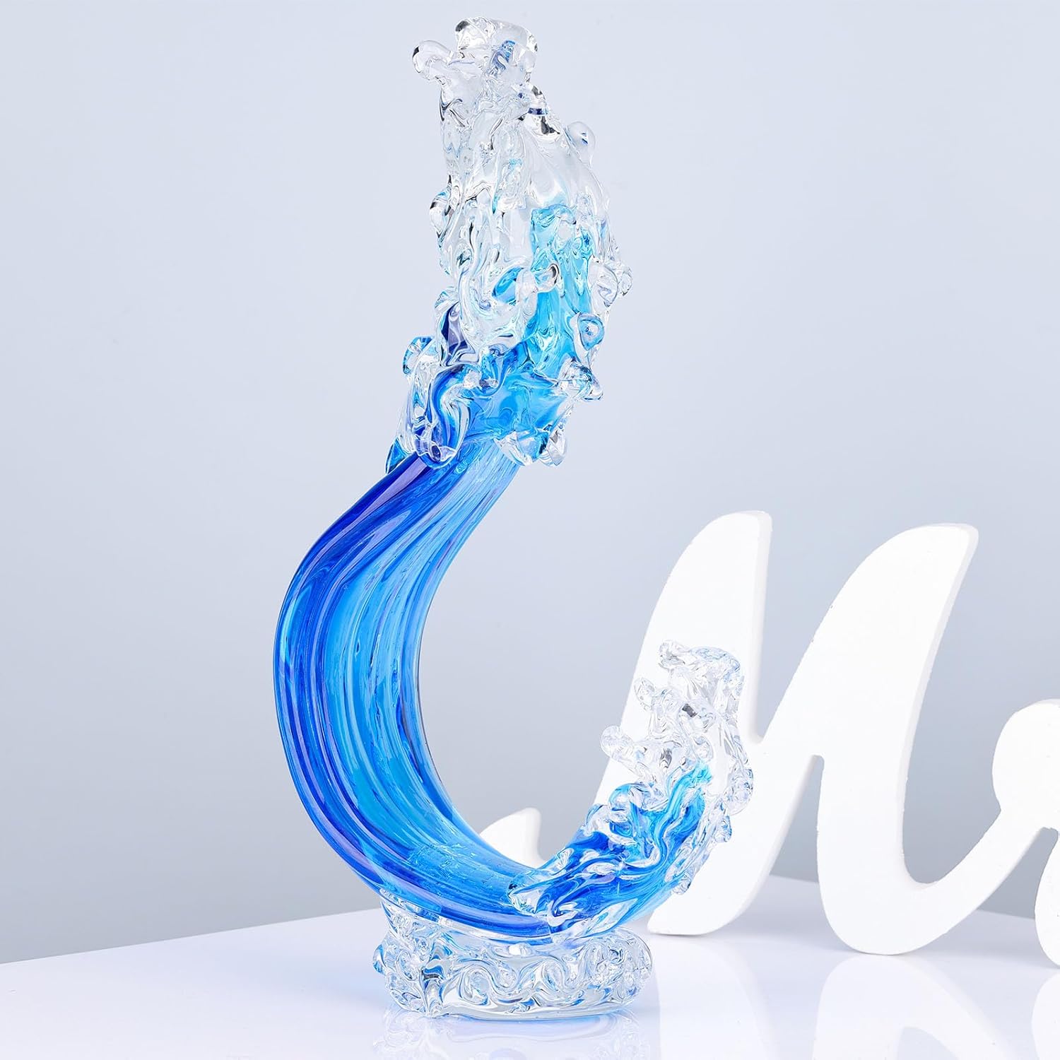 Blue Hand Blown Glass Ocean Wave Statue