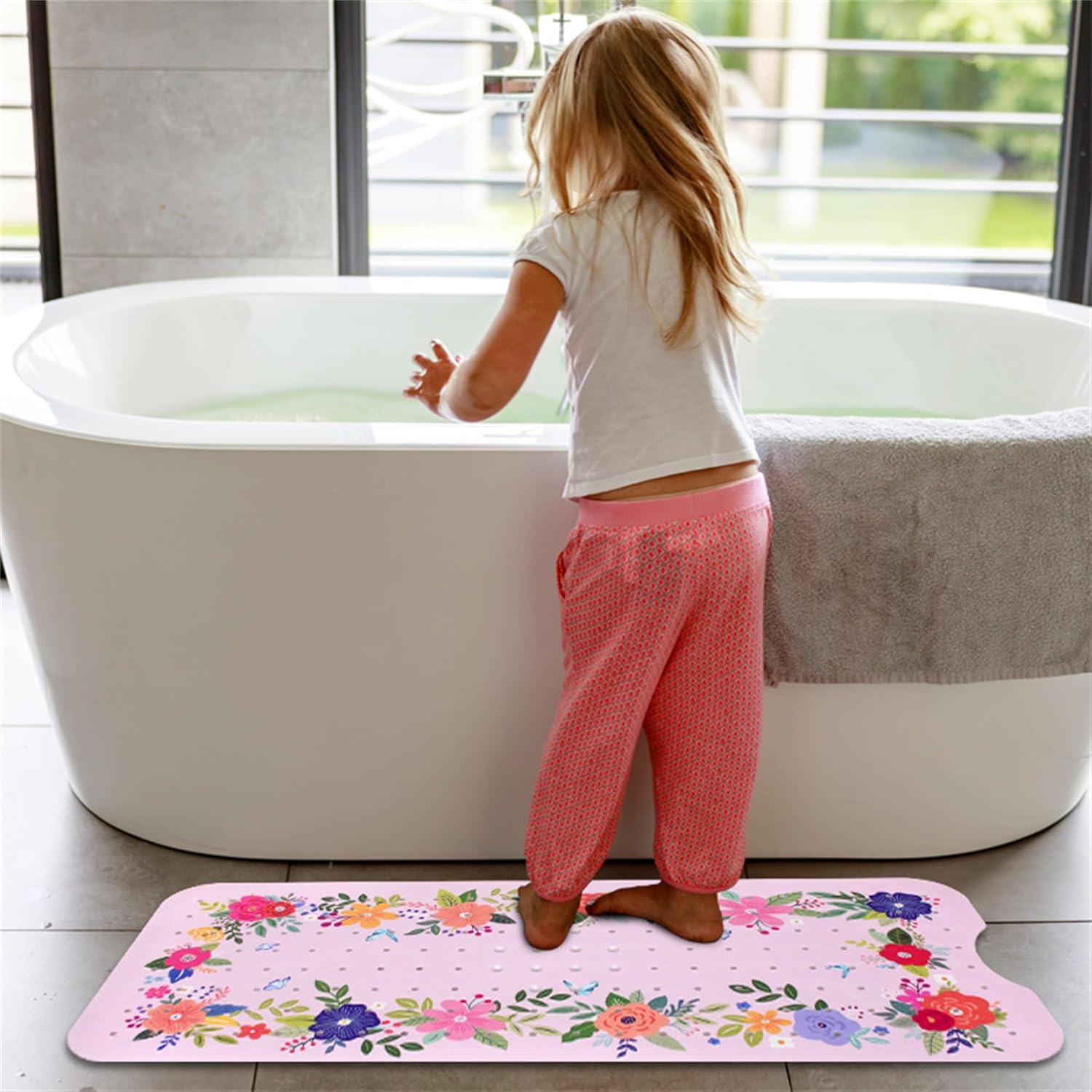 Denifeiya Pink Floral Non Slip Bathtub Mat for Kids