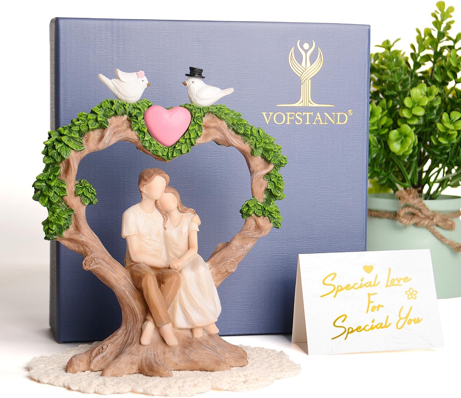 Romantic Couple Anniversary Figurine - Heart-Shaped Tree with Doves Resin Statue