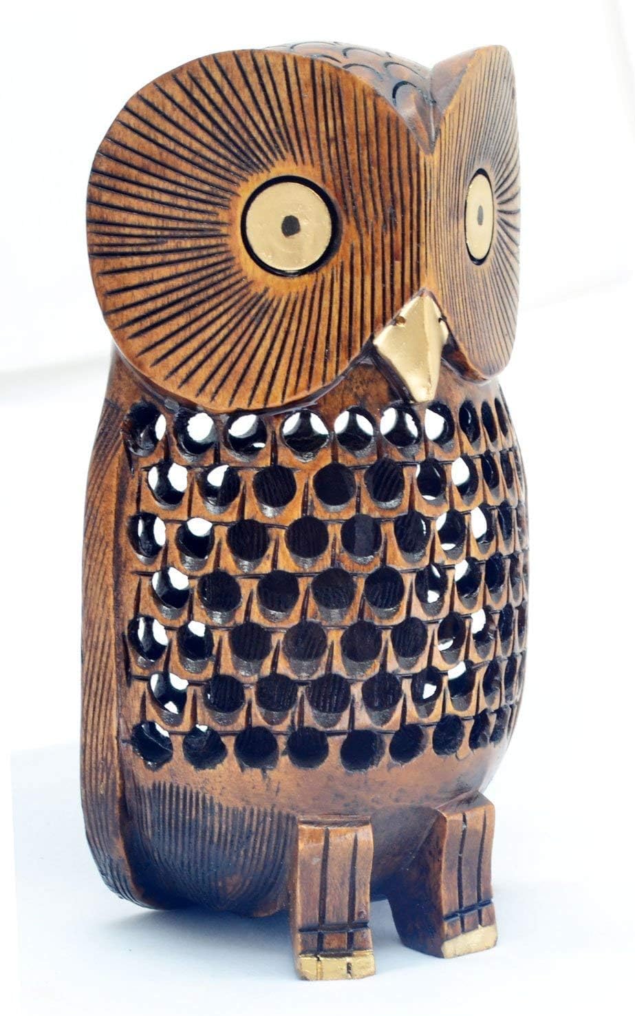 Hand Carved Wooden Owl Statue 6 Inch Decor