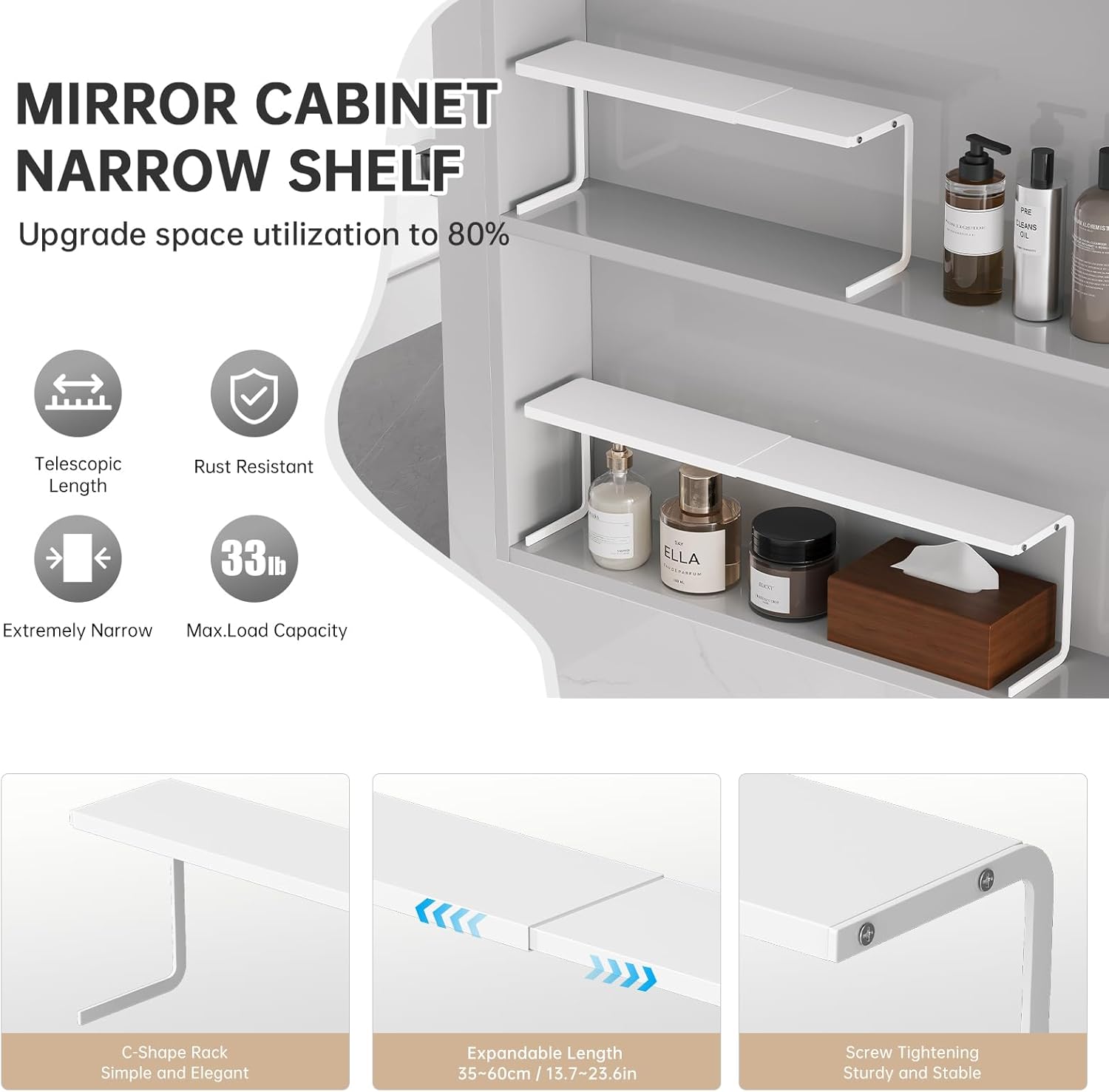 WOCHUANGSI Expandable Medicine Cabinet Shelf White L137-236W354H59