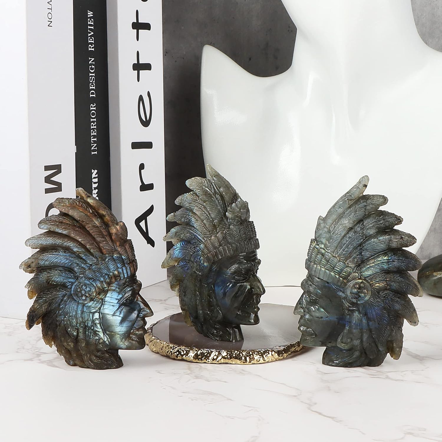 Artistone Labradorite Crystal Indian Skull Statue Hand-Carved