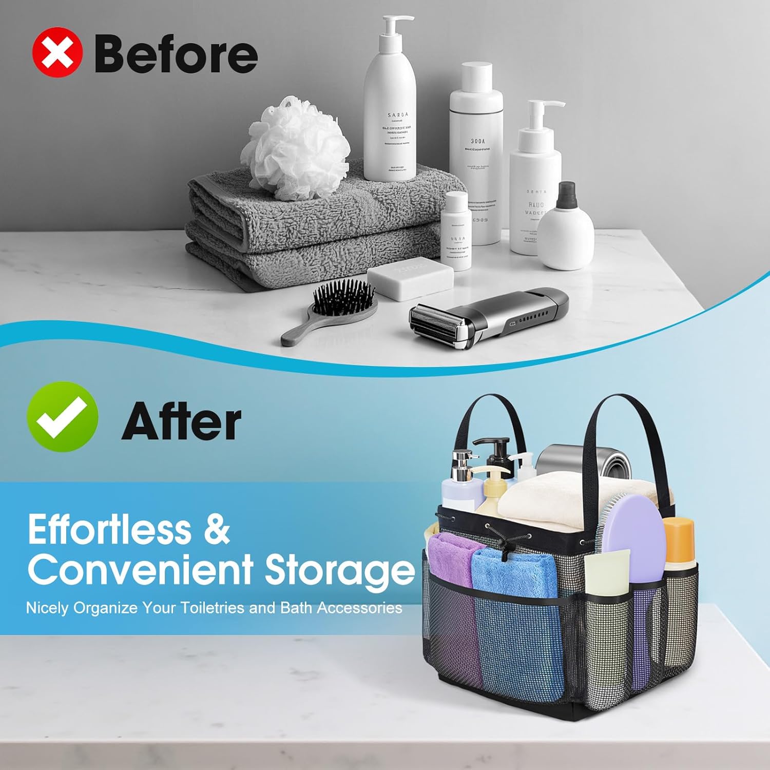 SmartTrends Large Mesh Shower Caddy with Drawstring - 1 Compartment 7 Pockets Black