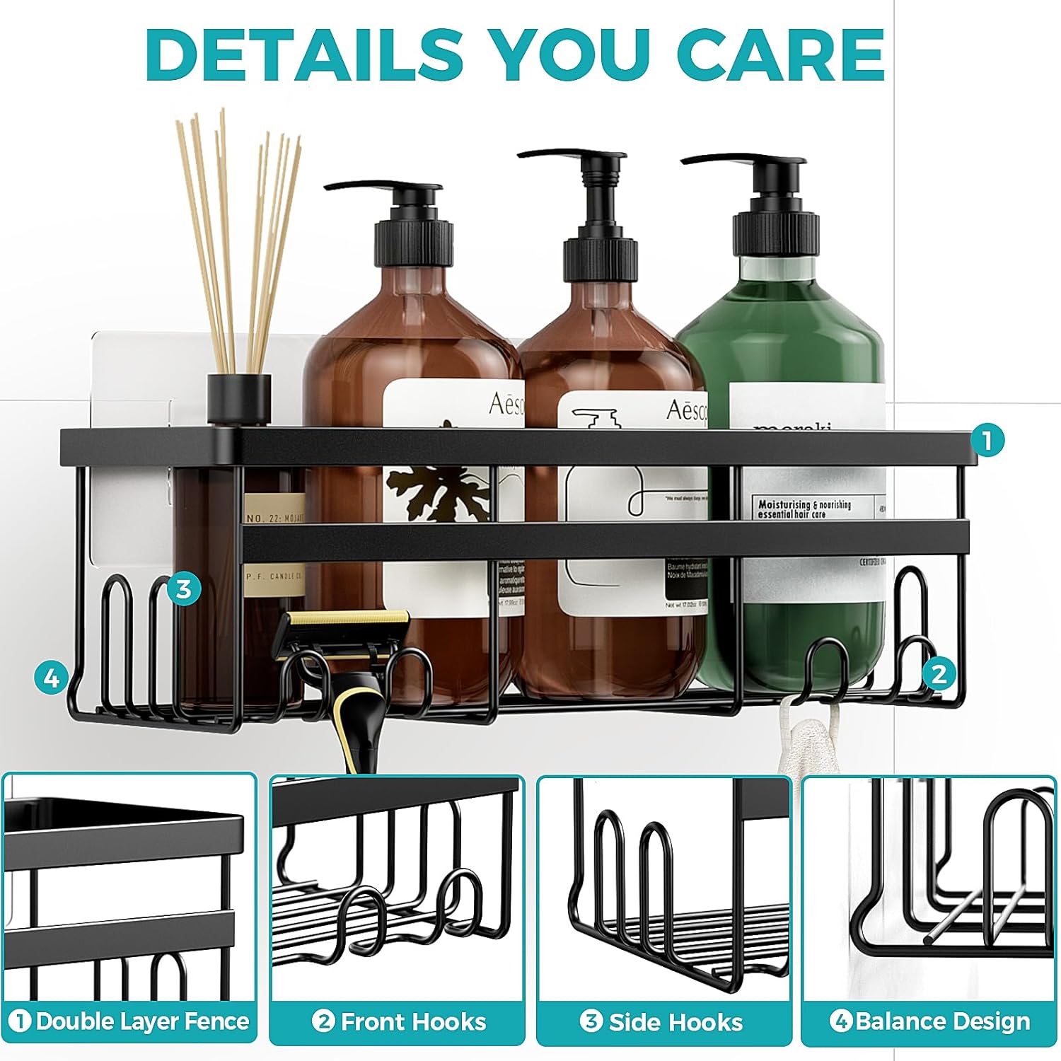 HomeHacks 3-Pack Shower Caddy with Hooks and Soap Holder