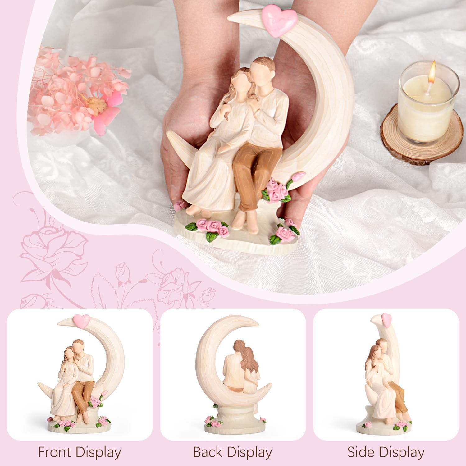 Vofstand Romantic Couples Figurine - Eternal Love Moon Roses Resin Statue