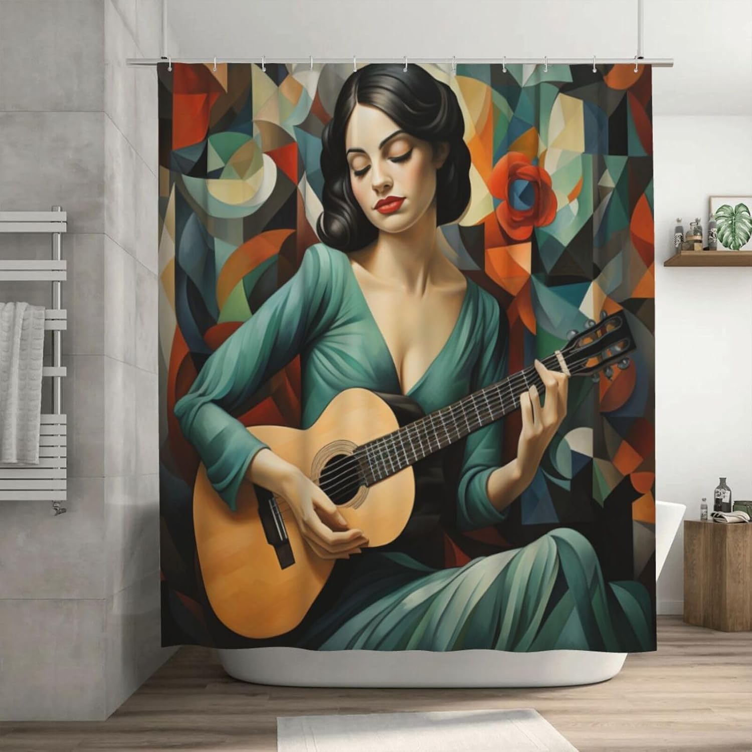 Guitar Girl Bohemian Shower Curtain Set with 12 Hooks 72x72in