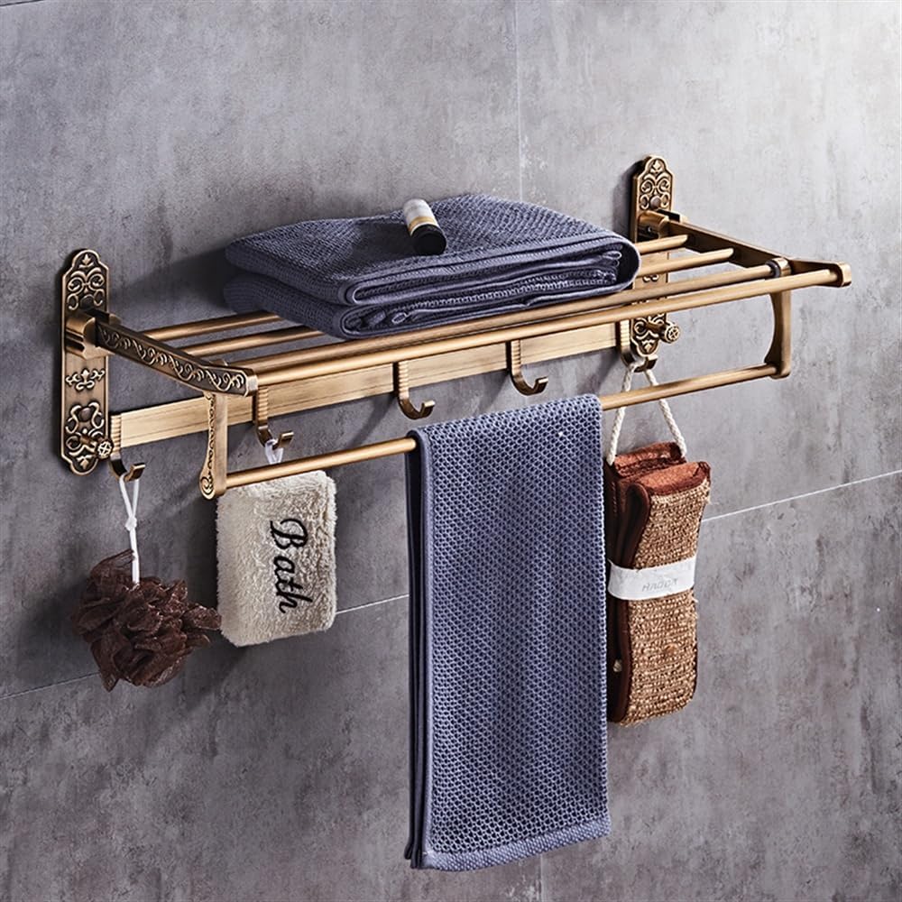 Foldable Bathroom Towel Rack with 7 Hooks and Carved Design