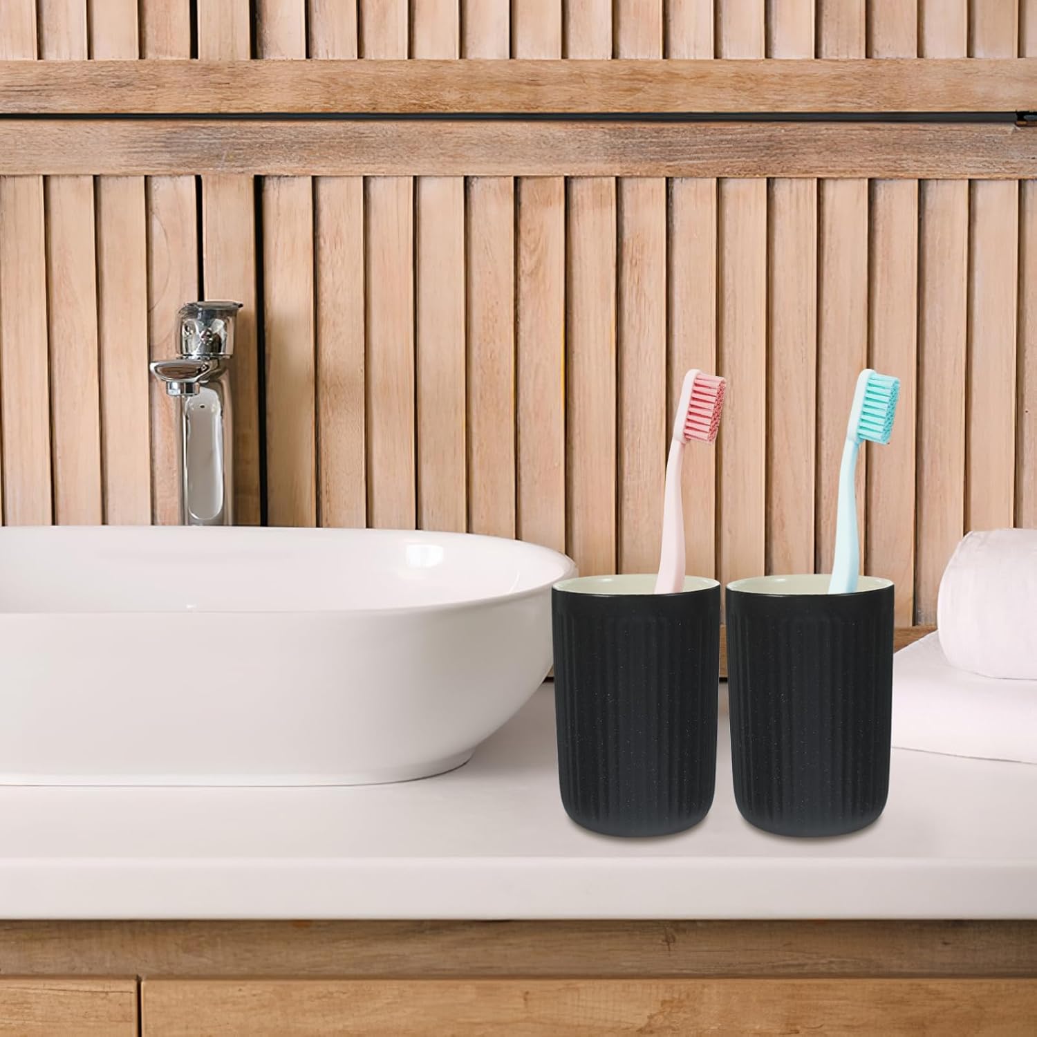 Set of 2 Black Striped Ceramic Toothbrush Holder Cups