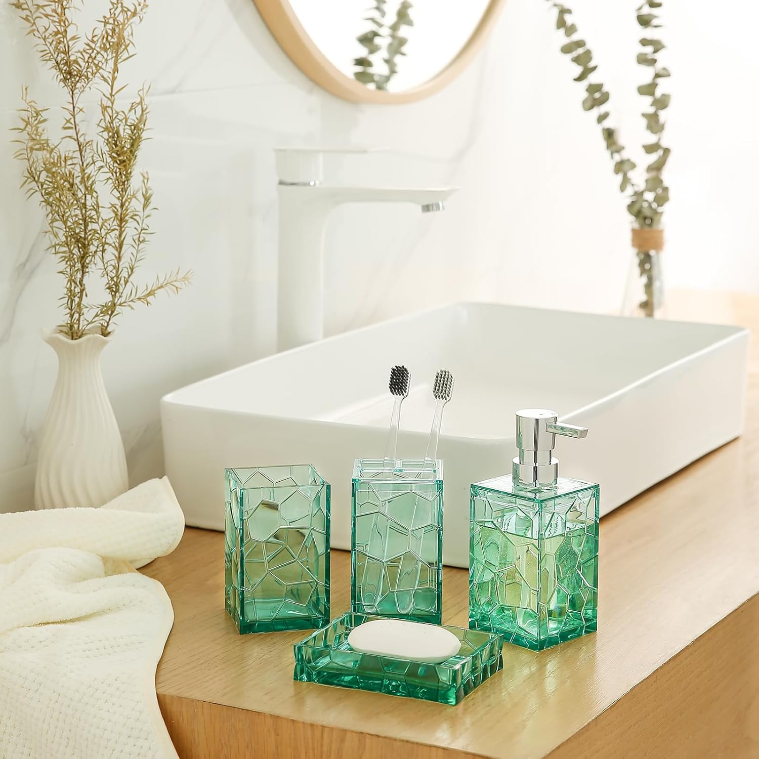 YAUKPH Clear Acrylic Bathroom Accessories Set - 5 Piece Teal Blue