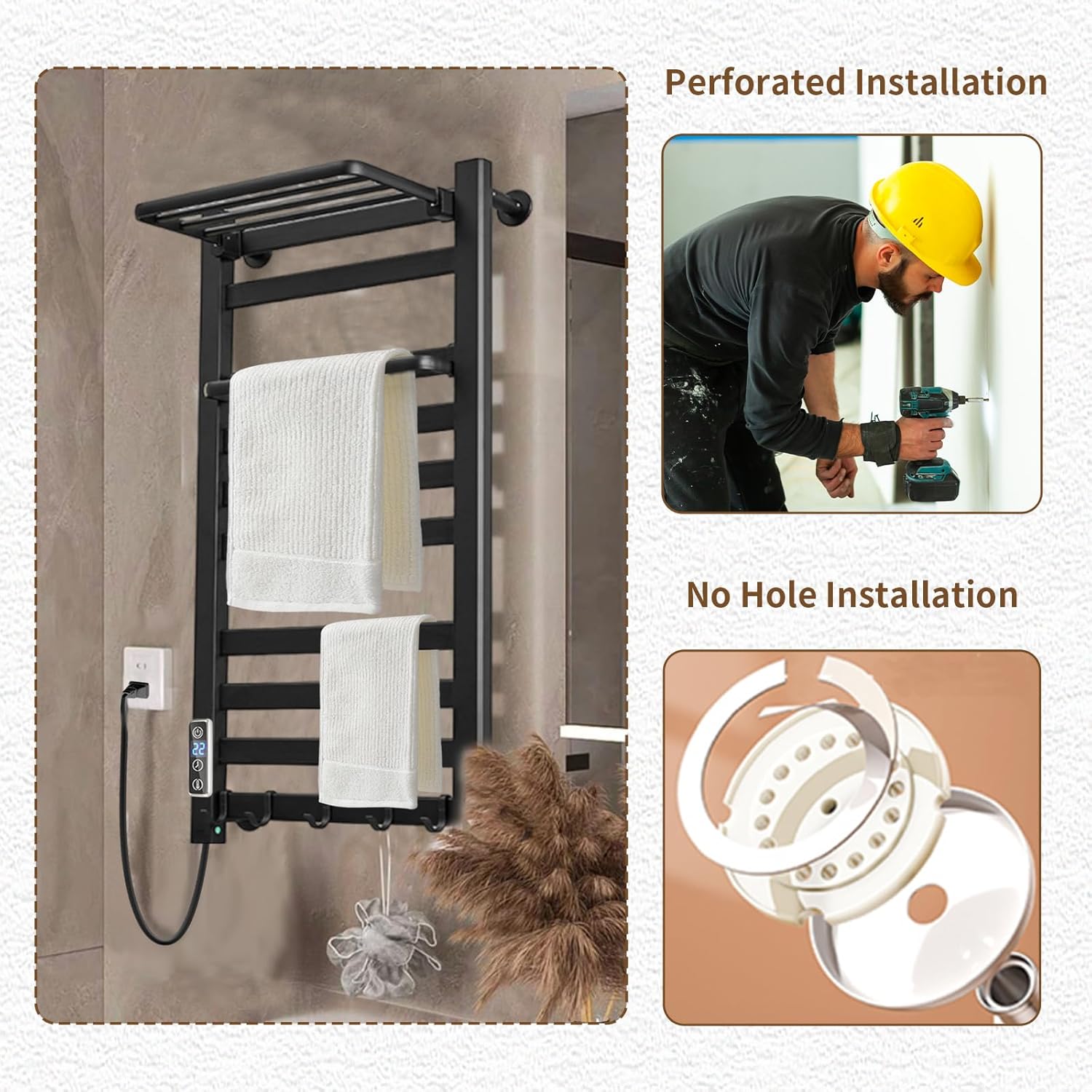 Heated Towel Rack with Shelf and Timer 10 Bars Black