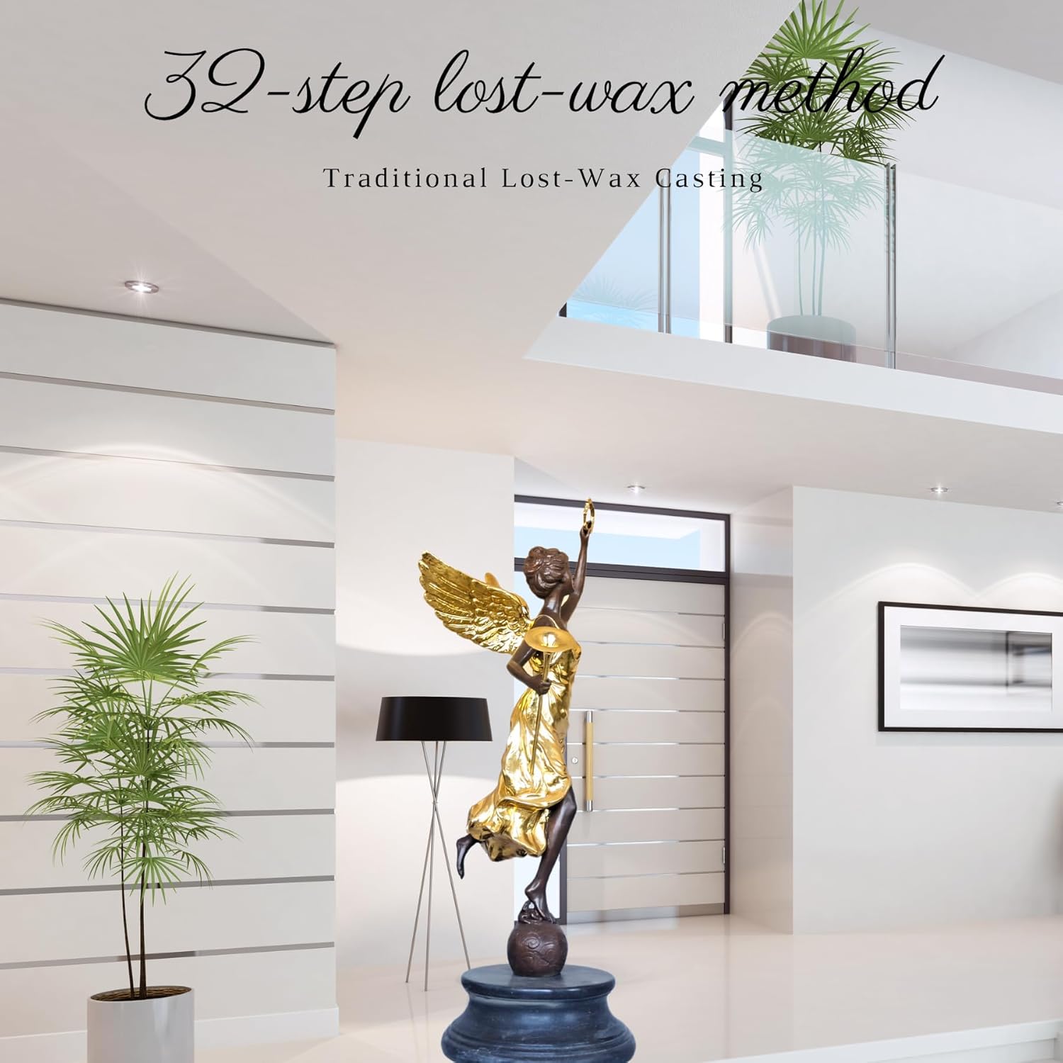Large Gilded Bronze Angel with Trumpet and Laurel Wreath Sculpture