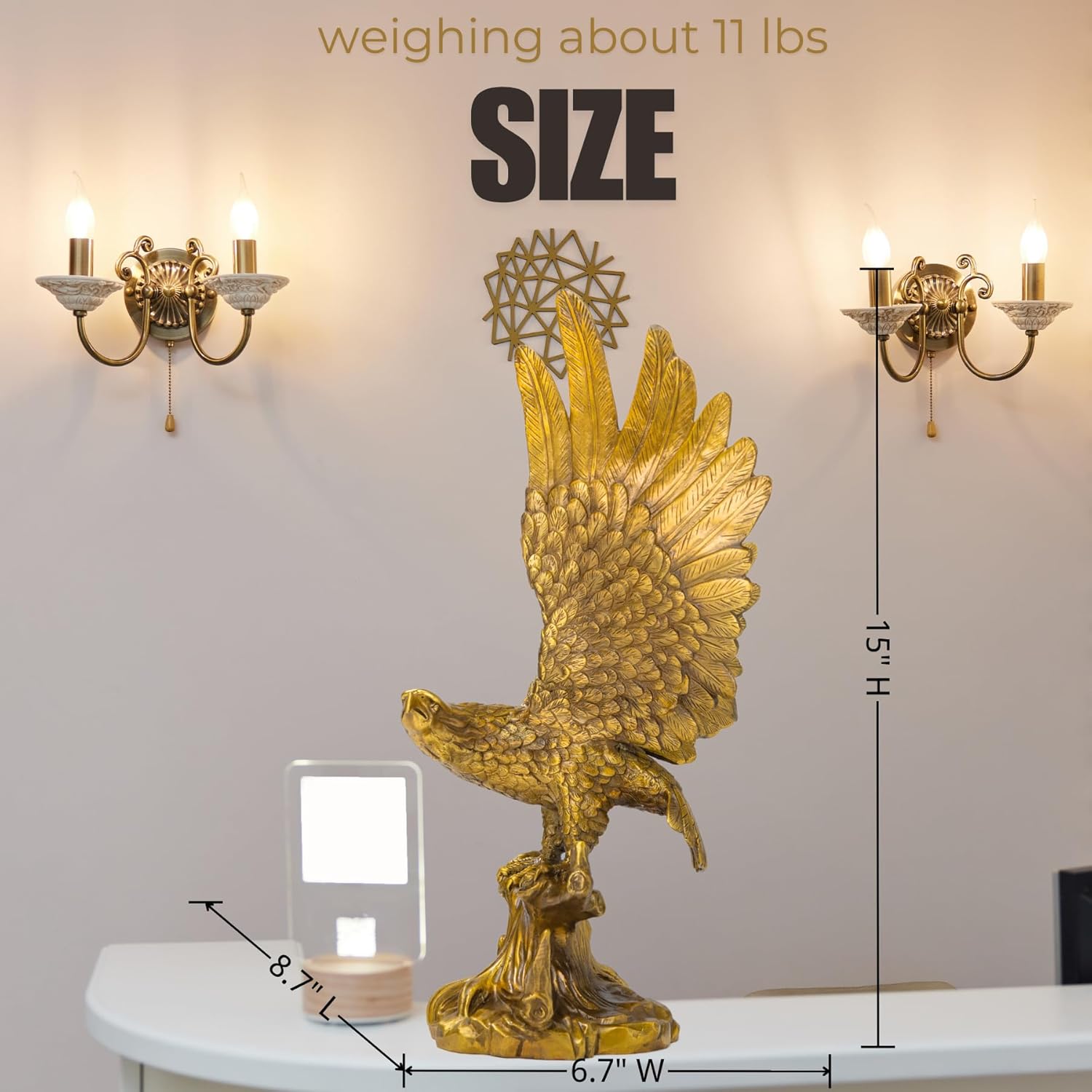Golden Bronze Eagle Sculpture - 15-Inch Wildlife Art Statue