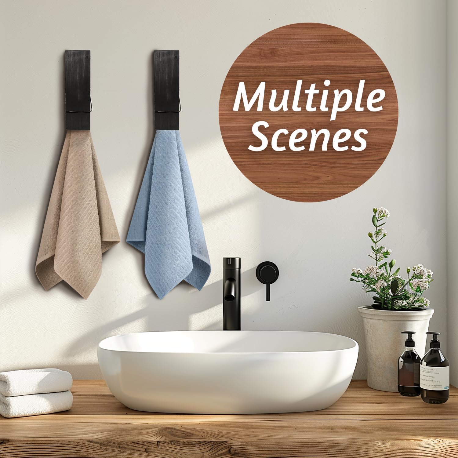 Wooden Towel Hooks for Bathroom Black Large Size