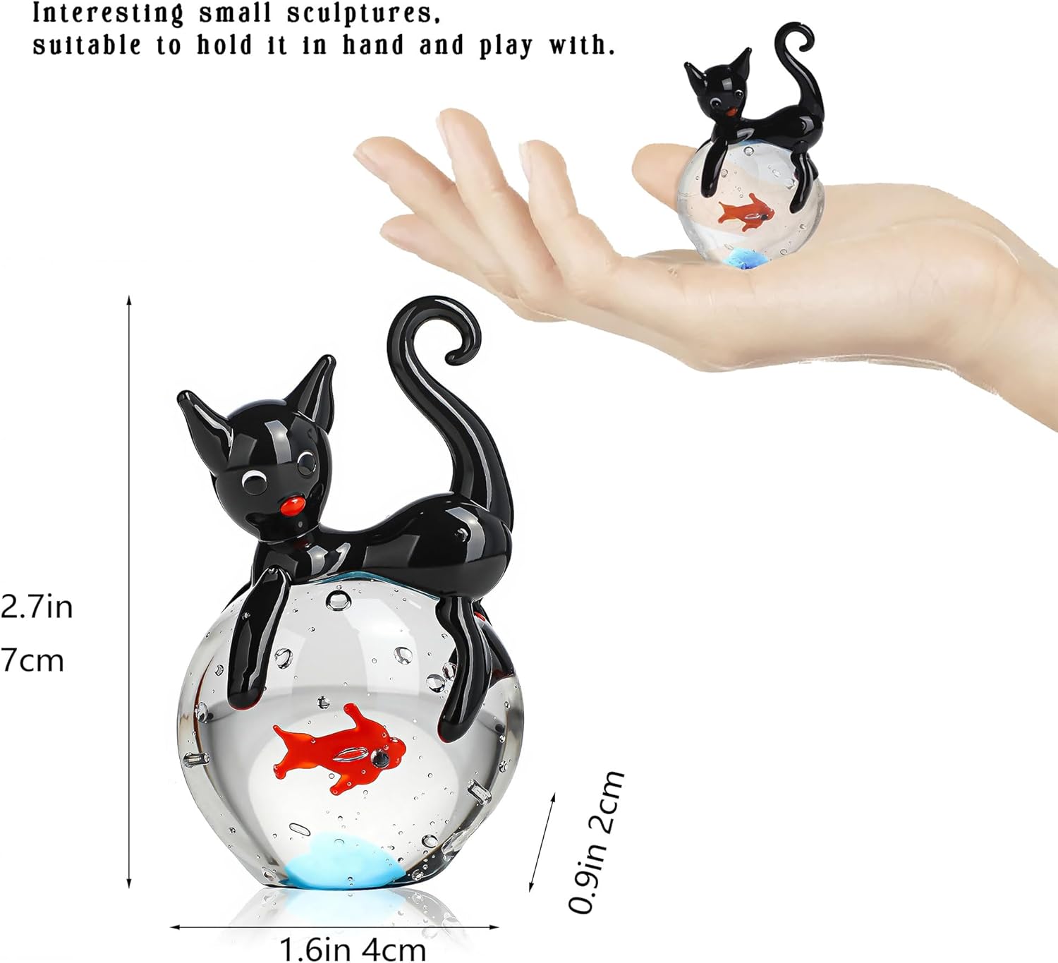 QFkris Hand Blown Glass Black Cat Figurine