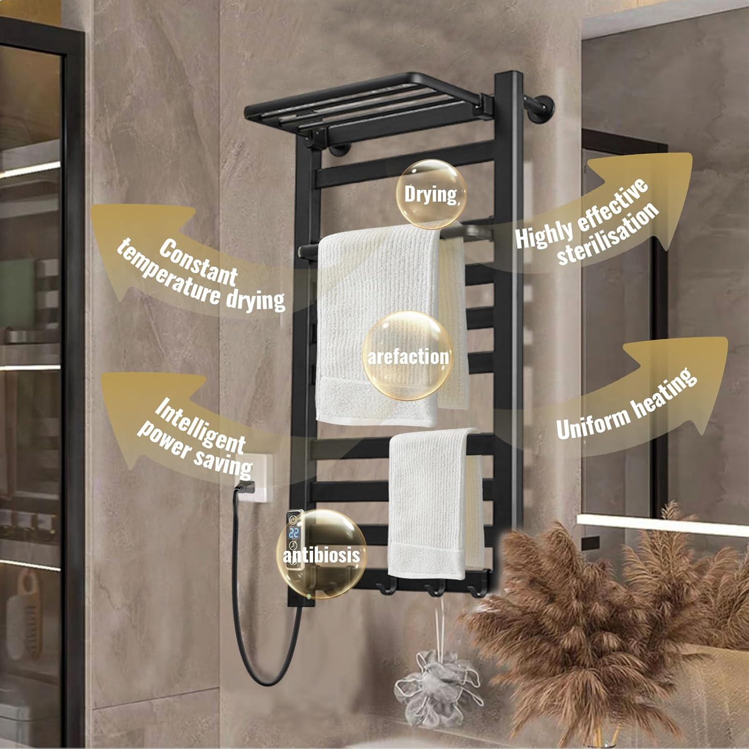 Heated Towel Rack with Shelf and Timer 10 Bars Black