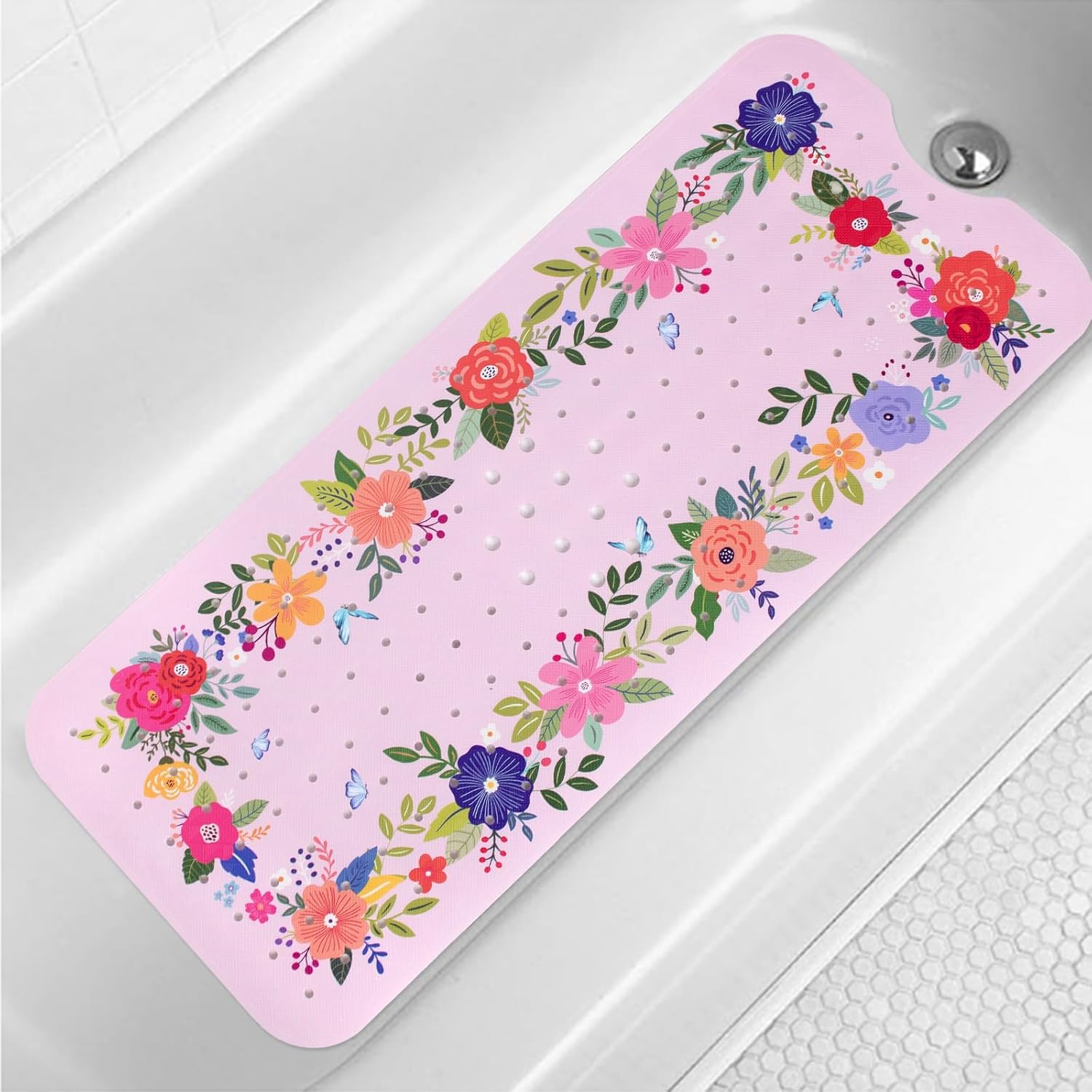 Denifeiya Pink Floral Non Slip Bathtub Mat for Kids