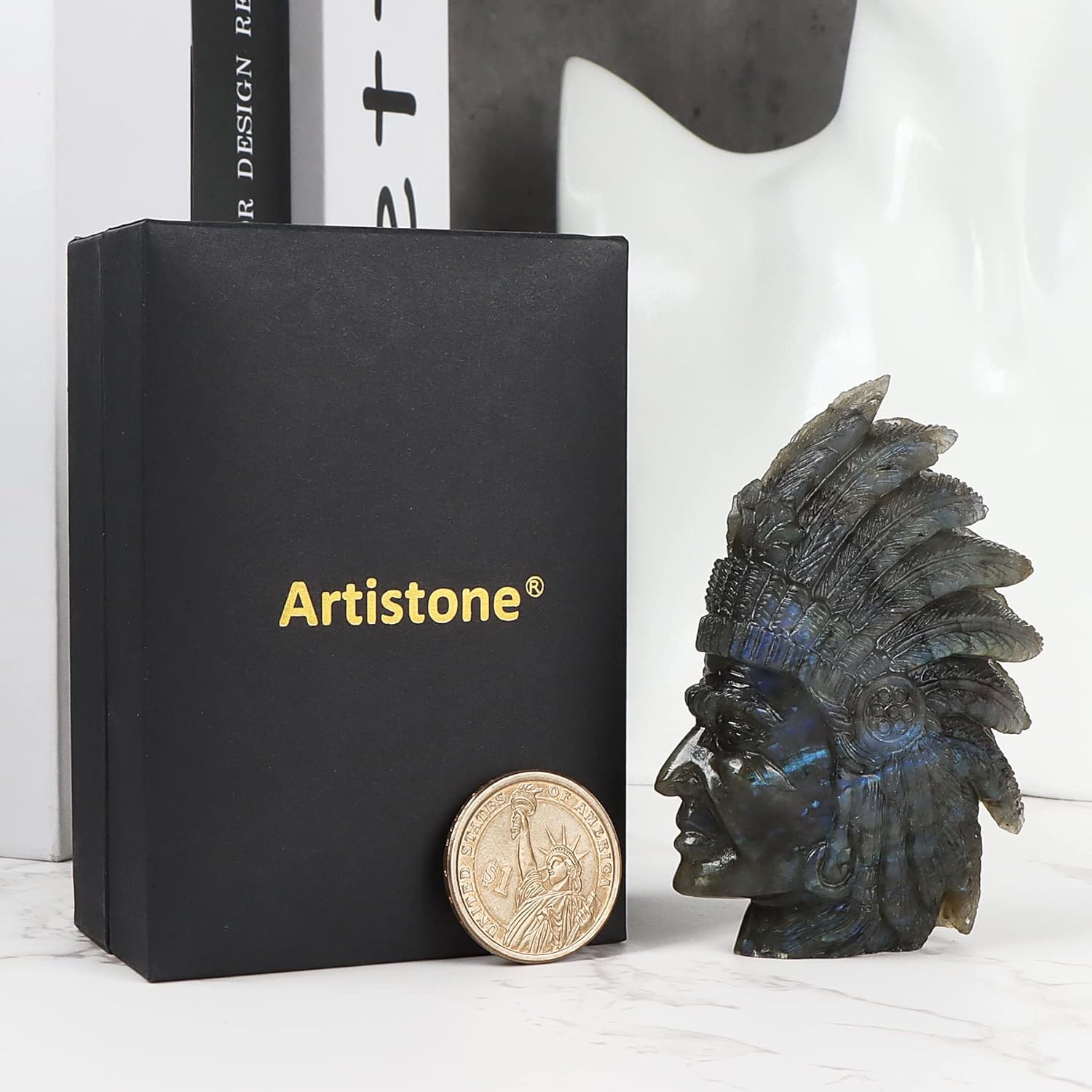 Artistone Labradorite Crystal Indian Skull Statue Hand-Carved