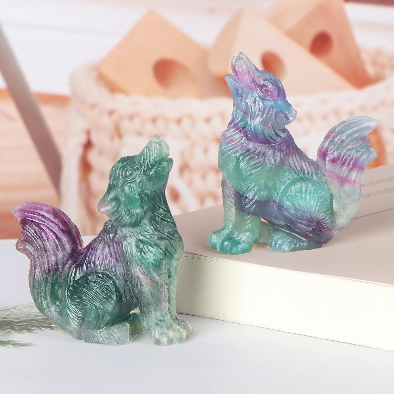 2 Crystal Wolf Statue Healing Decor with Gift Box