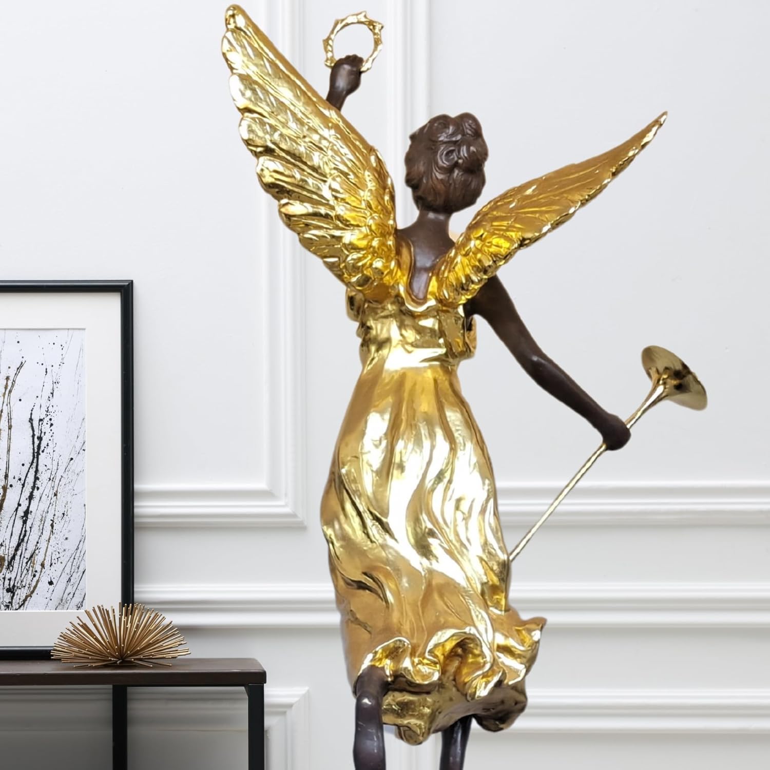 Large Gilded Bronze Angel with Trumpet and Laurel Wreath Sculpture