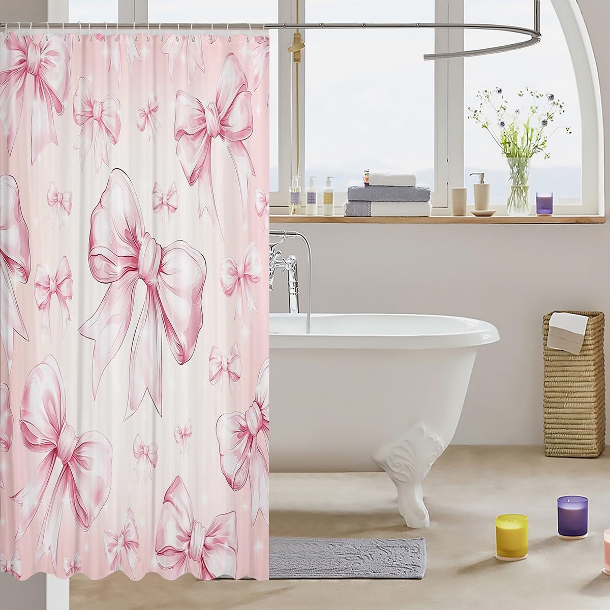 Erosebridal Pink Bow Kawaii Shower Curtain Set