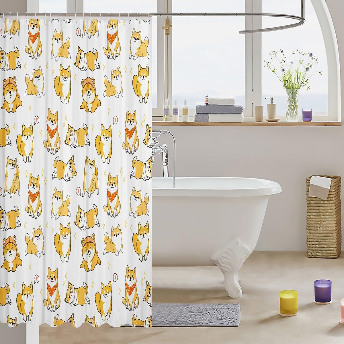Puppy Dog Shower Curtain Cute Yellow Shiba Inu 72x84
