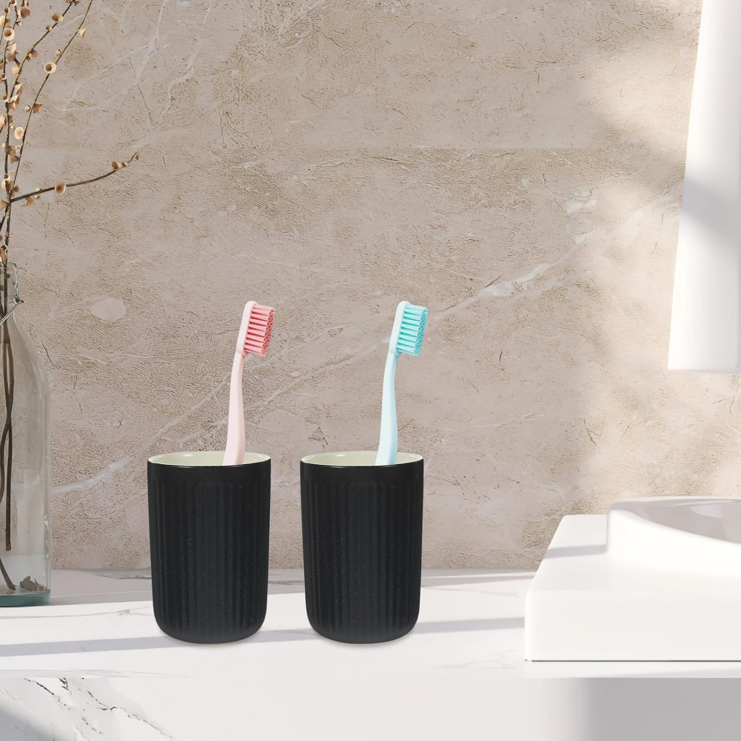 Set of 2 Black Striped Ceramic Toothbrush Holder Cups