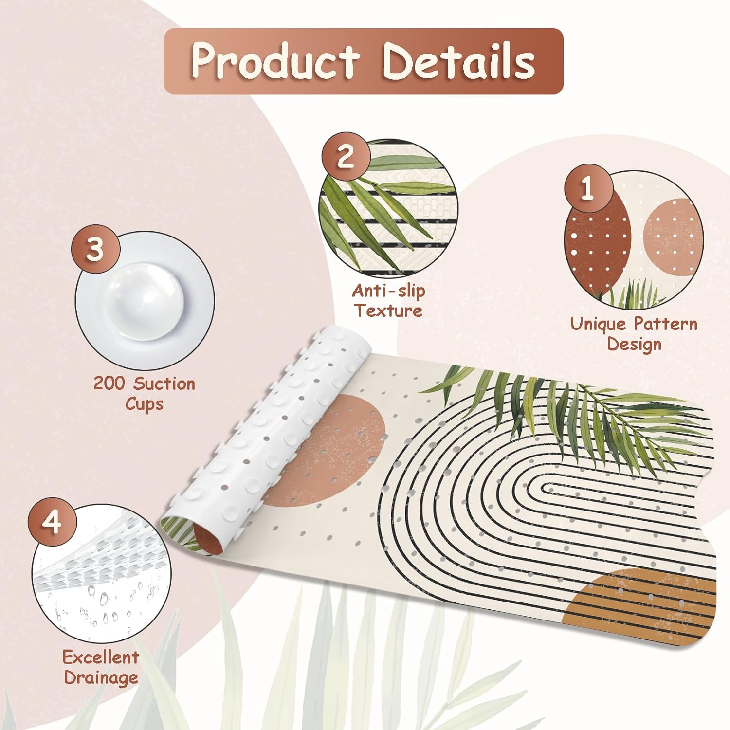 Boho Style Non Slip Bathtub Mat with Suction Cups