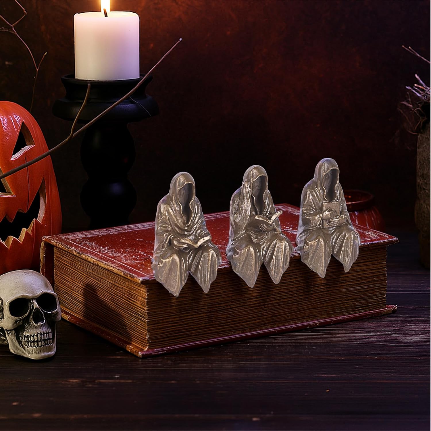 GrivSheen Reading Statue Set of 3 Gothic Fantasy Bookshelf Figurines